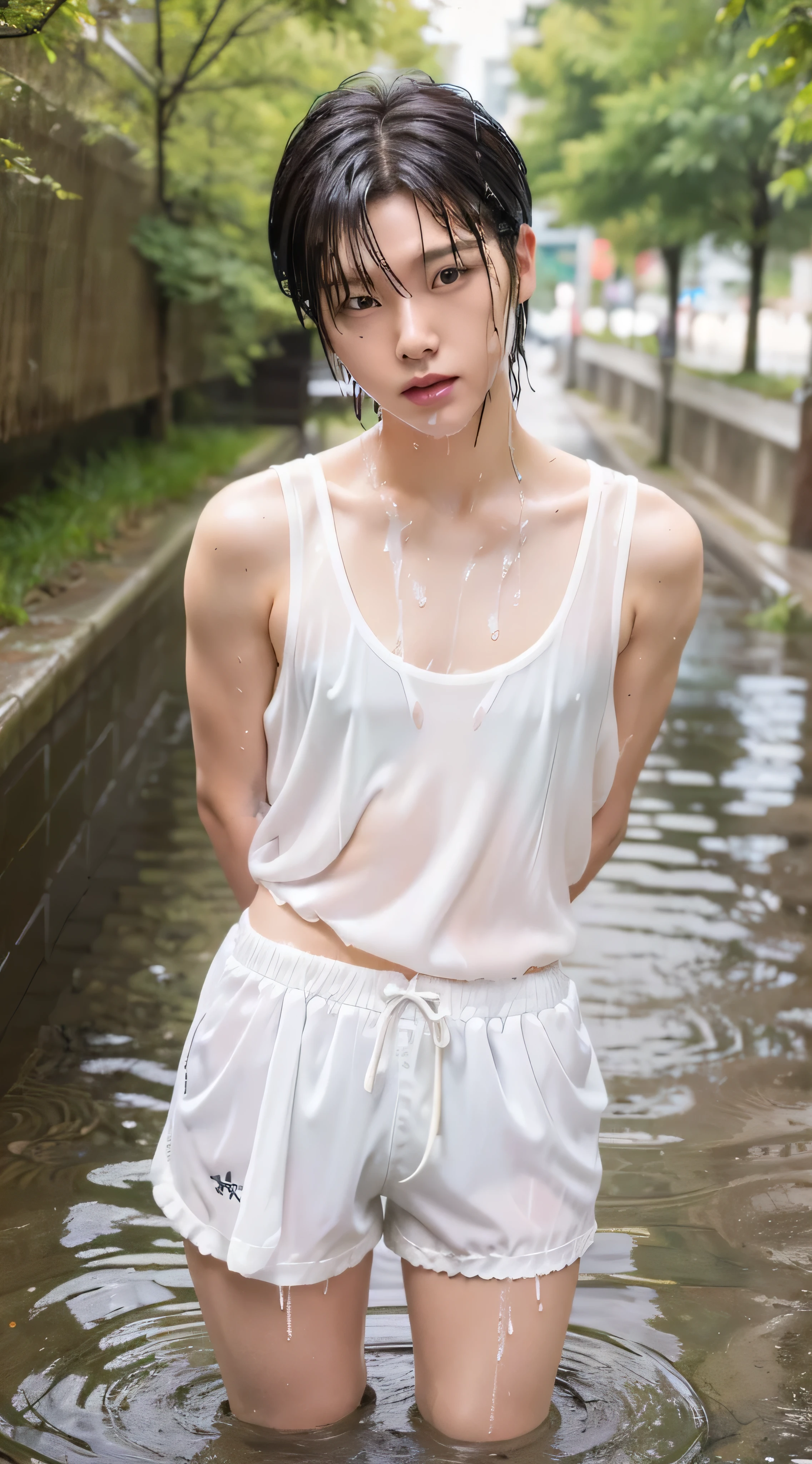 (Highest quality, masterpiece, 8K, photographic, Fine, Realstic:1.4), 1 pretty young boy, (wet clothes:1.4), (wet and transparent white nylon shorts:1.3), (wet and transparent white tank top:1.2), belt, soak, short hair boy, short stature, squirt, (arms behind back), very handsome, white clothes that wet and see-through, Footage from the knee up, fall in drainage ditch
