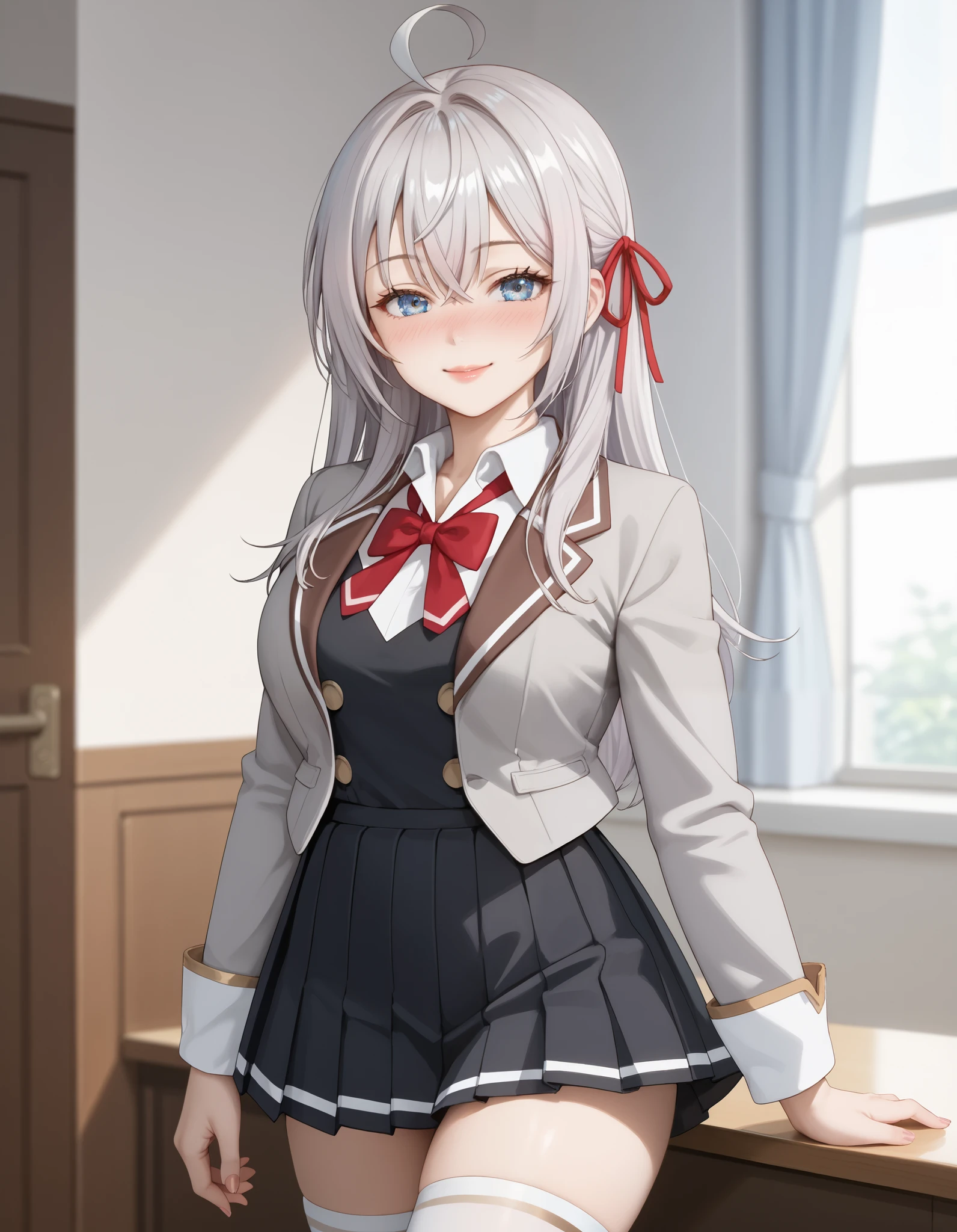 photorealistic, detailed coloring, anime style, detailed high quality, chromatic aberrations, ultra detailed quality skin, detailed ray tracing lighting,, masterpiece、 best quality、masterpiece, high definition , 8K quality, perfect face, alya_fanart,  Alisa Mikhailovna Kujou , long hair, silver hair, ahoge, crossed bangs, red hair ribbon, sidelocks, blue eyes, large breasts, large butt、 slender 、 beautiful face、 Thin Waist、 closed eyes, (smile, nose blush), Glossy lips, red cheek, school uniform, grey jacket, open jacket, long sleeves, red bowtie, white shirt, collared shirt, buttons, black vest, pleated skirt, white thighhighs, black loafers, Model Pose, cowboy shot, sensual expression, dynamic angle, In the school courtyard、