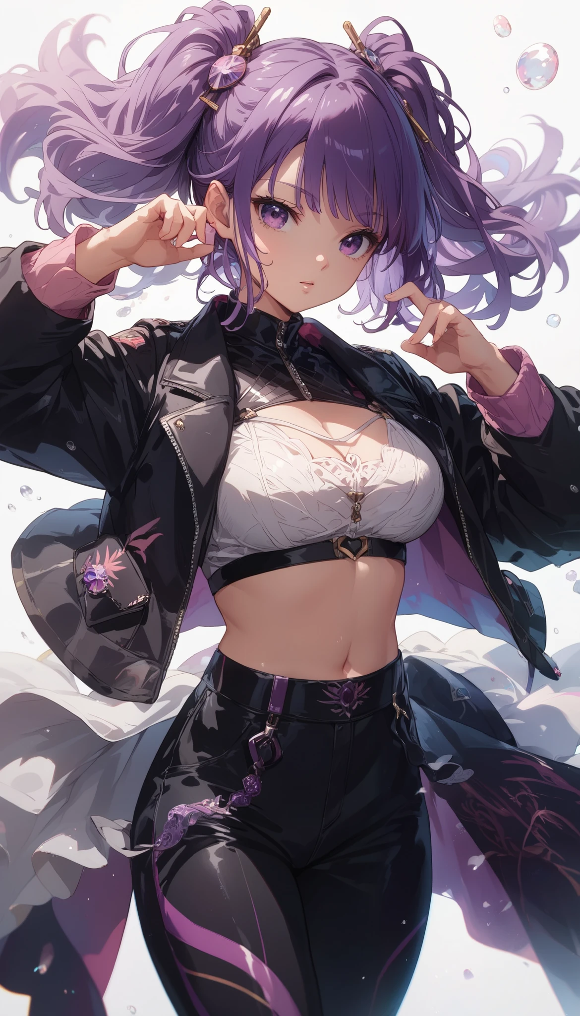 masutepiece, Best Quality, hight resolution, 1girl in, 独奏, kochou shinobu, Decorate your hair with butterflies, violet eyes, Multi-colored hair, Short hair, Parted bangs, Short shorts, Skirt, Turtleneck Top, a navel, outside of house, Erotica, Open your legs in an M shape, perspiring, Body line