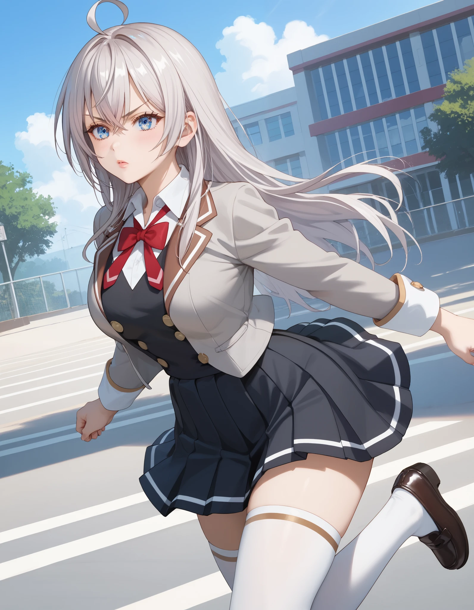 photorealistic, detailed coloring, anime style, detailed high quality, chromatic aberrations, ultra detailed quality skin, detailed ray tracing lighting,, masterpiece、 best quality、masterpiece, high definition , 8K quality, perfect face, alya_fanart,  Alisa Mikhailovna Kujou , long hair, silver hair, ahoge, crossed bangs, red hair ribbon, sidelocks, blue eyes, large breasts, large butt、 slender 、 beautiful face、 Thin Waist、a little angry, (fighting stance), Glossy lips, red cheek, school uniform, grey jacket, open jacket, long sleeves, red bowtie, white shirt, collared shirt, buttons, black vest, pleated skirt, white thighhighs, black loafers, cowboy shot, dynamic angle, In the school courtyard, 