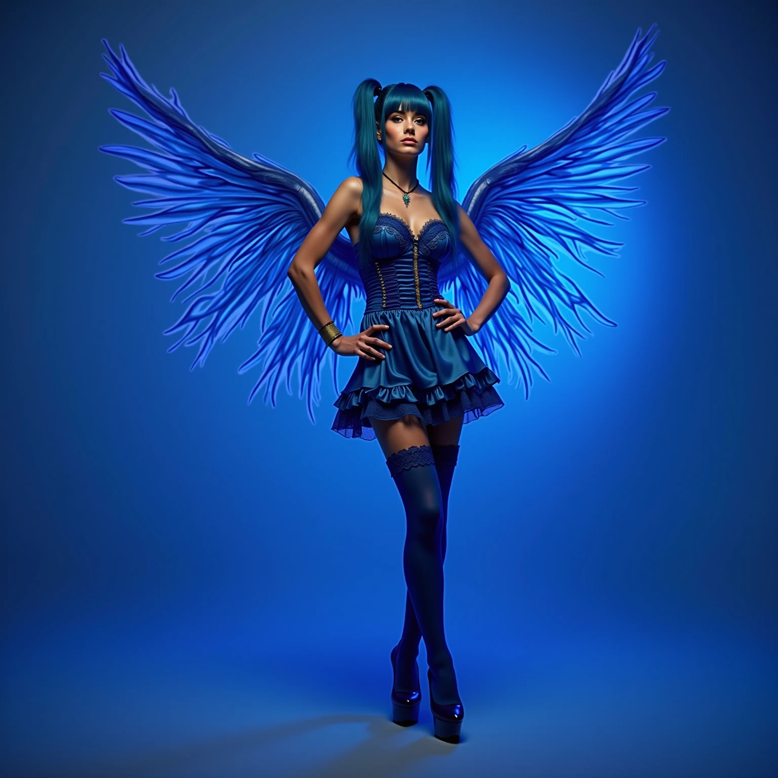 full body, flying in the sky, angel, huge peacock wings, lropard patterned thigh high heels boots with pointed toes and Garter Belt