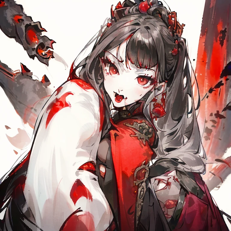 watercolour and ink style, full length portrait. In a Chinese fantasy setting, a (mysterious (female (vampire))), (long (black hair)), (mouth open:1.2), fangs, cleavage, red eyes, holding a small silver dagger. traditional Chinese aesthetics. seductive.  black and vermilion