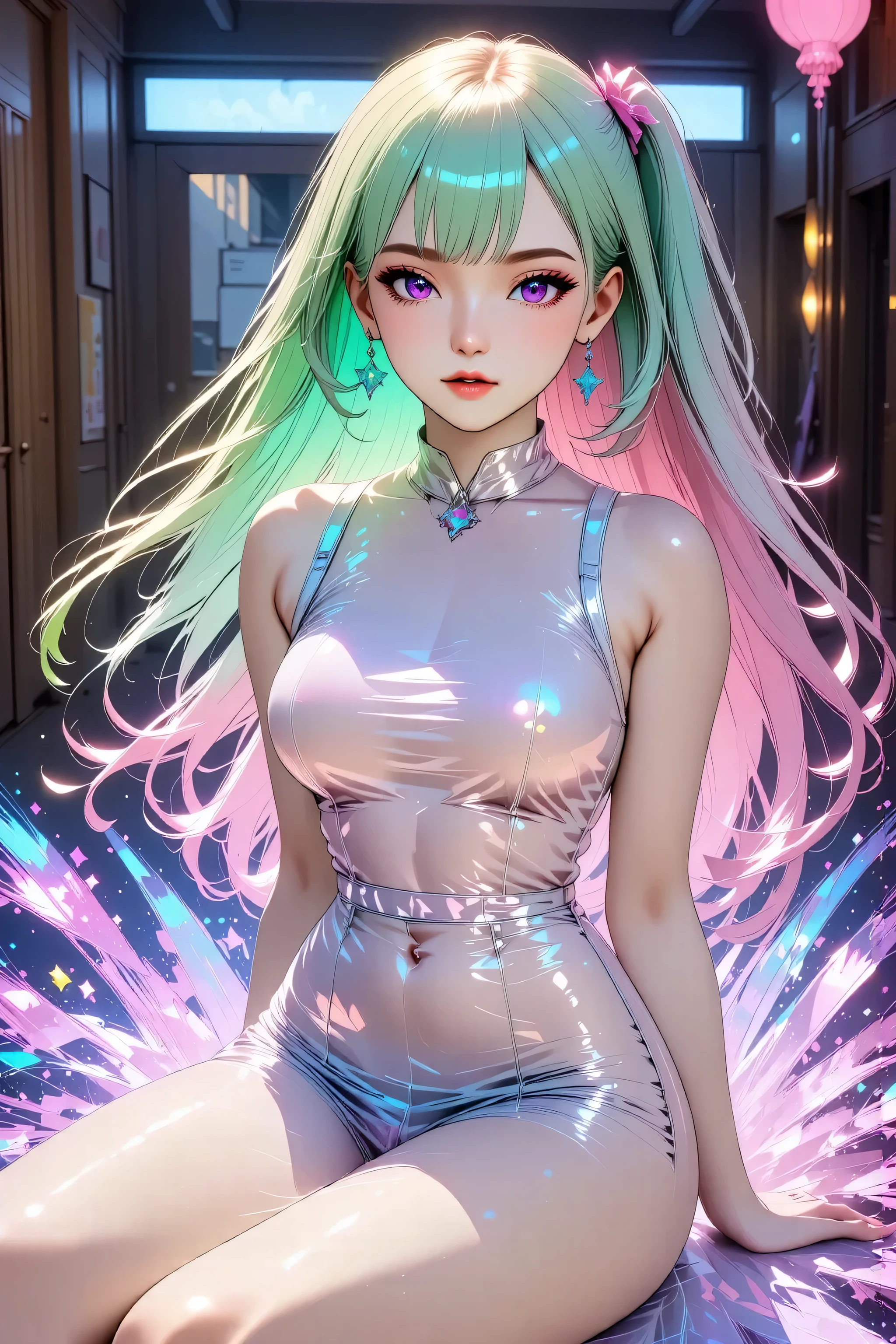 Japanese girl, (anime), manga, sexy, One Full Growth in Latex, sparkles, Pink Green Hair, posing, ((Glitter Dust)), dynamic shadows, masterpiece, bright colors, Shimmers, clear details, beautiful appearance, masterpiece, best quality, perfect anatomy, very aesthetic, official art, 8k, horny, sexual gaze, huge breasts, edgy graphic design, sexy pose, straight on, sitting, legs spread, arms behind back,