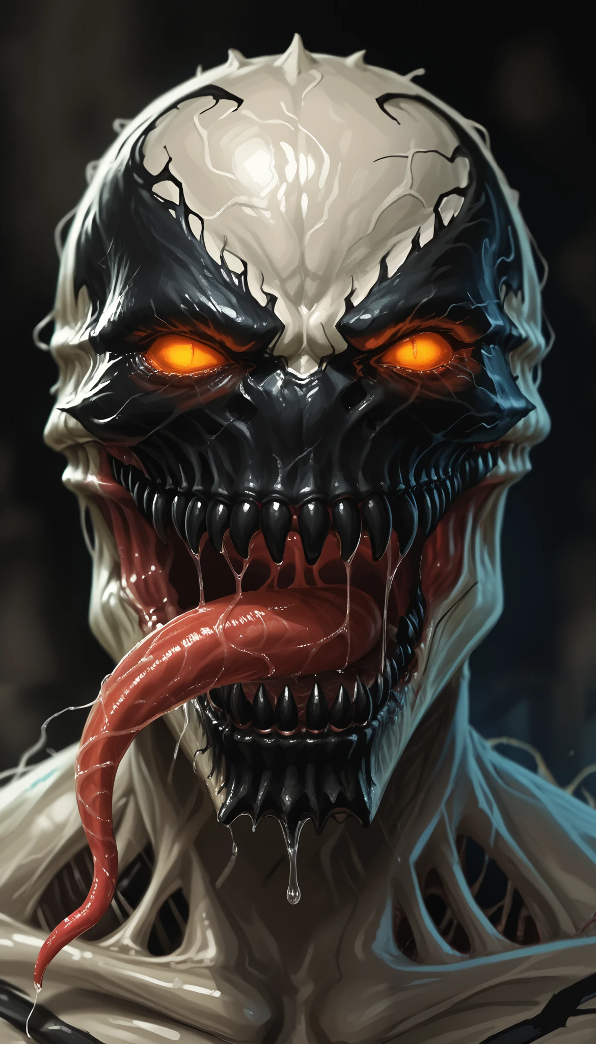 zPDXL3, score_9, score_8_up, score_7_up, (detailed face, detailed body, detailed background, perfect anatomy, masterpiece, high quality, best quality), rating_safe, source_horror, blurry background BREAK portrait, close-up, anti-venom, symbiote, orange eyes, glowing eyes, glowing mouth, sharp teeth, (black teeth), no pupils, monster, monstrous, long tongue, open mouth, scary, saliva string, drooling, drooling tongue 