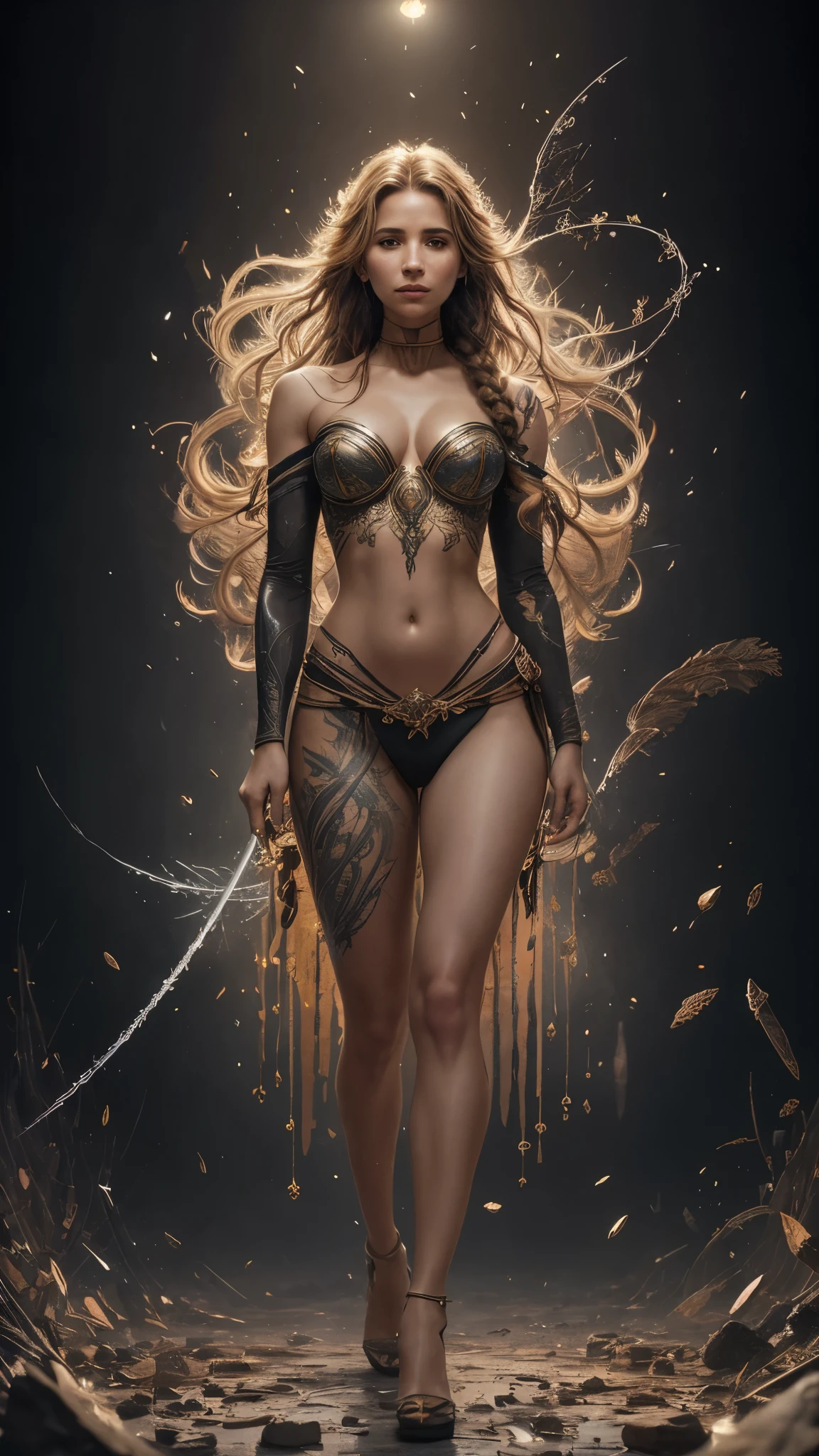 (Alicia Vikander:Elsa pataky), powerful sorceress,tribal tattoo, messy hair, Full body, Beautiful anime waifu style girl,hyperdetailed painting, luminism, art by Carne Griffiths and Wadim Kashin concept art, dark background, abstract beauty, approaching perfection, pure form, golden ratio, minimalistic, dark atmosphere, unfinished, concept art, by Brian Froud and Carne Griffiths and Wadim Kashin and John William Waterhouse, intricate details, 8k post production, high resolution, hyperdetailed, trending on artstation, sharp focus, studio photo, intricate details, highly detailed, by greg rutkowski