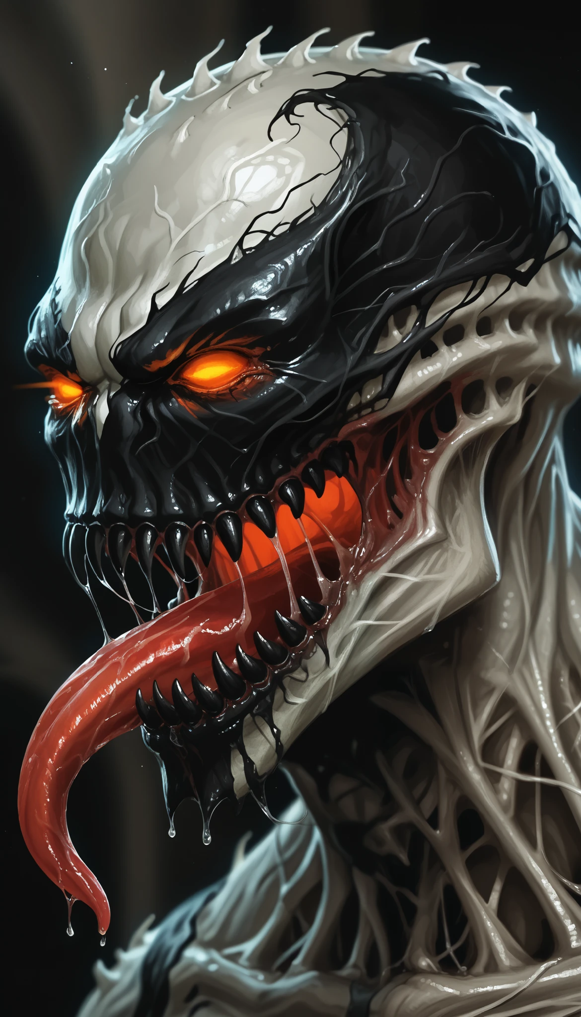 zPDXL3, score_9, score_8_up, score_7_up, (detailed face, detailed body, detailed background, perfect anatomy, masterpiece, high quality, best quality), rating_safe, source_horror, blurry background BREAK portrait, close-up, anti-venom, symbiote, orange eyes, glowing eyes, glowing mouth, sharp teeth, (black teeth), no pupils, monster, monstrous, long tongue, open mouth, scary, saliva string, drooling, drooling tongue 