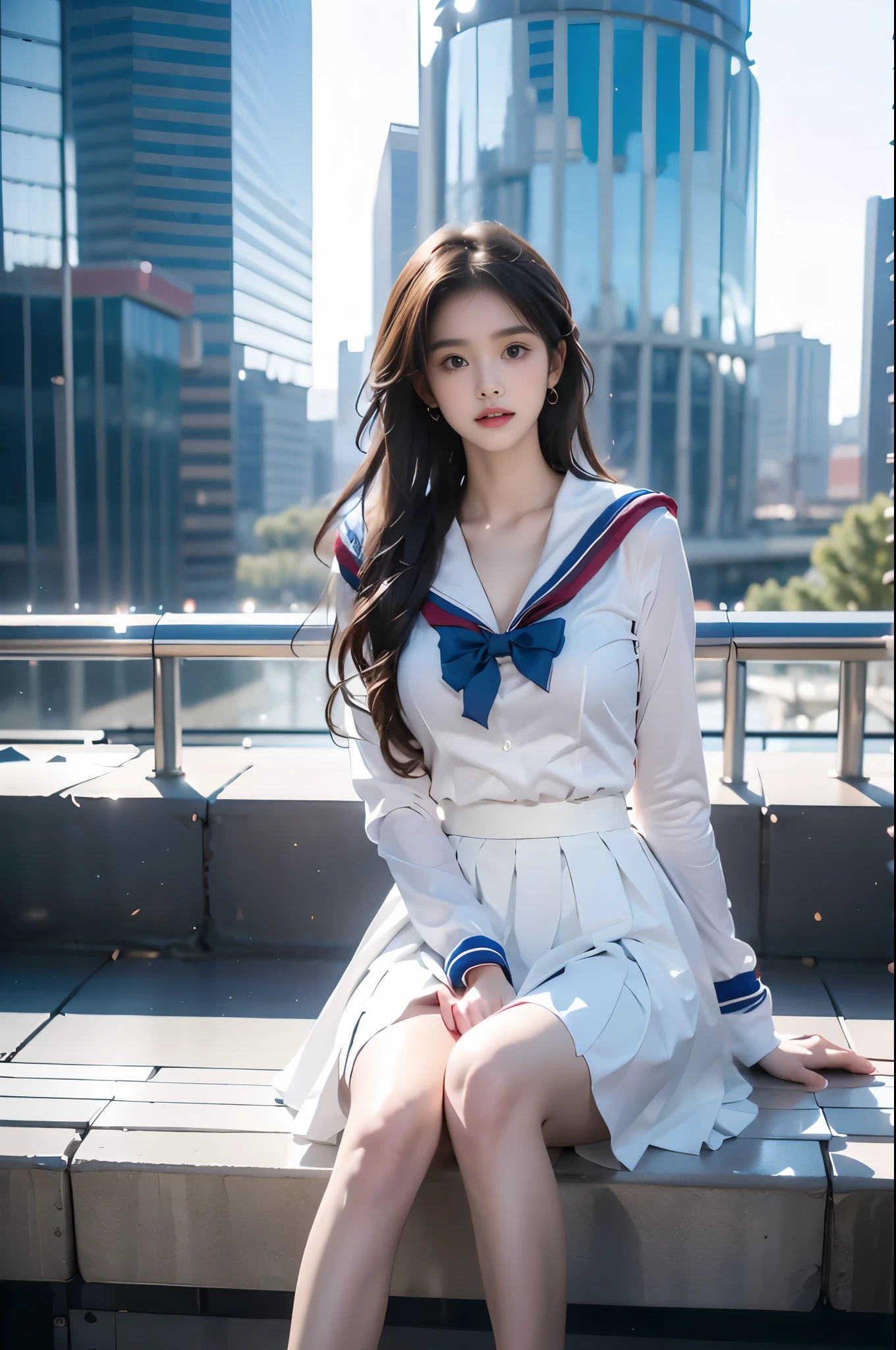 school uniform, bowtie, sailor collar, pleated skirt, 1girl, (Beautiful long-legged model with a very short hemline that reveals smooth thighs), (Full breasts, visible cleavage), city skyline, blurred background, architectural, clouds, blue sky, depth of field, hoodie, looking up, shoes close to camera, from below, full body, lips, long sleeves, looking at viewer, motion blur, outdoor, parted lips, railing, sitting, sky, solo, stairs