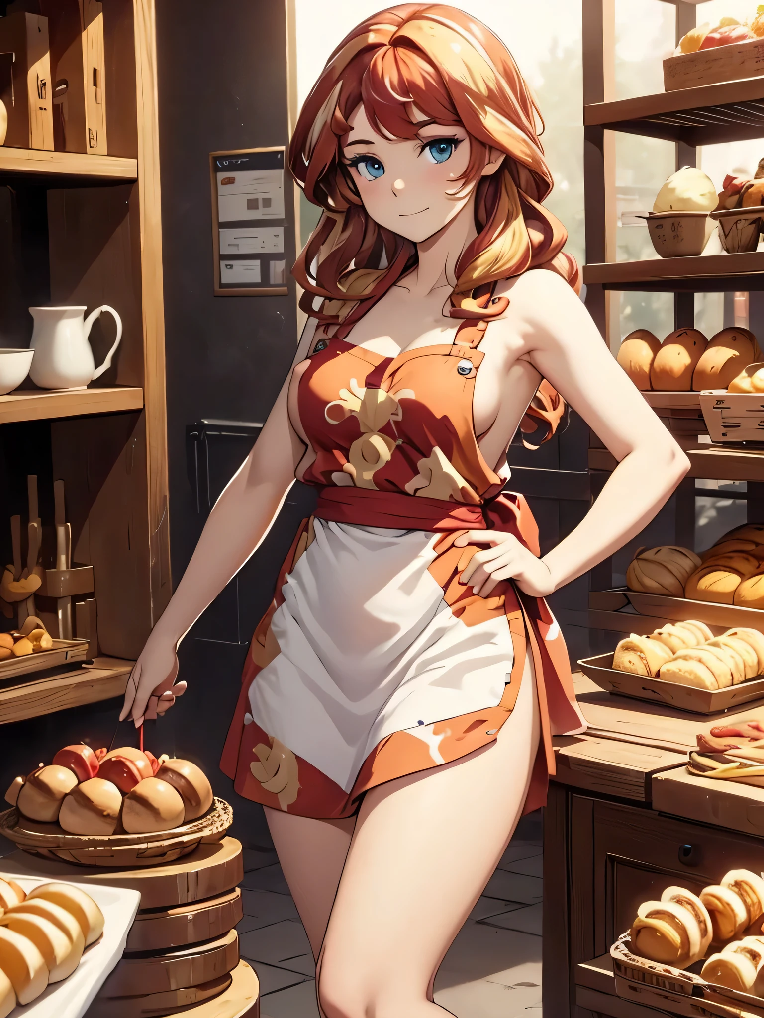 hot naked babe with four arms and four breads, naked apron Sunsethuman, female, red and yellow hair, wavy hair