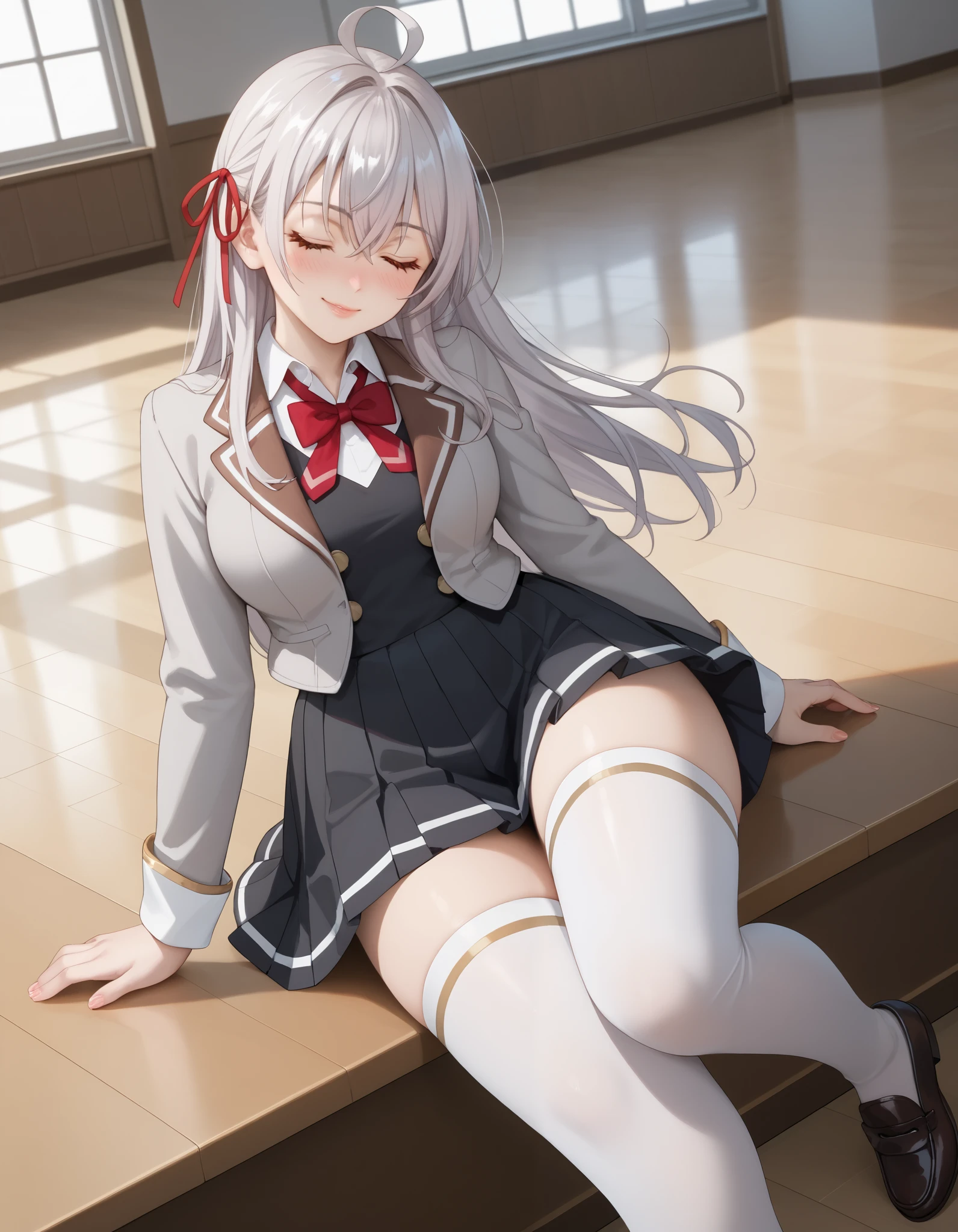 photorealistic, detailed coloring, anime style, detailed high quality, chromatic aberrations, ultra detailed quality skin, detailed ray tracing lighting,, masterpiece、 best quality、masterpiece, high definition , 8K quality, perfect face, alya_fanart,  Alisa Mikhailovna Kujou , long hair, silver hair, ahoge, crossed bangs, red hair ribbon, sidelocks, large breasts, large butt、 slender 、 beautiful face、 Thin Waist、 (closed eyes, smile, nose blush), Glossy lips, red cheek, school uniform, grey jacket, open jacket, long sleeves, red bowtie, white shirt, collared shirt, buttons, black vest, pleated skirt, white thighhighs, black loafers, Model Pose, cowboy shot, sensual expression, dynamic angle, In the school courtyard、