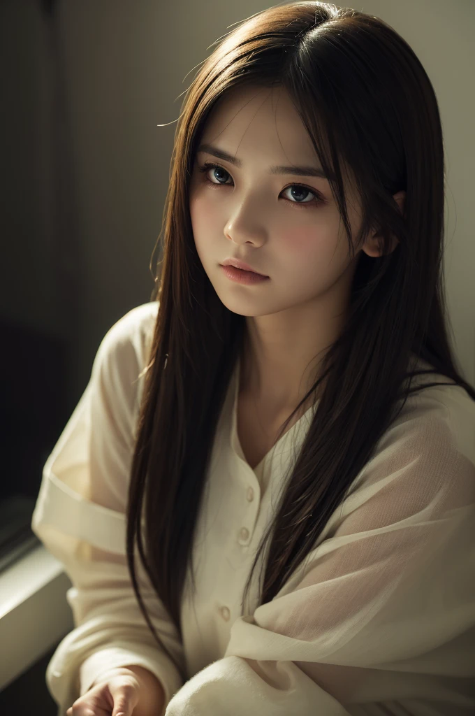 highest quality, absurd, super detailed, Yamanaka_this, 1 girl, alone_concentrated, let my hair down、blurred background、Backlight:0.5, medium depth of field, Photographed with Canon 5D, 50mm lens, f/4 apertures, (very detailed, intricate details), sharp focus, calm colors, 8k, confused, 8mm film grain