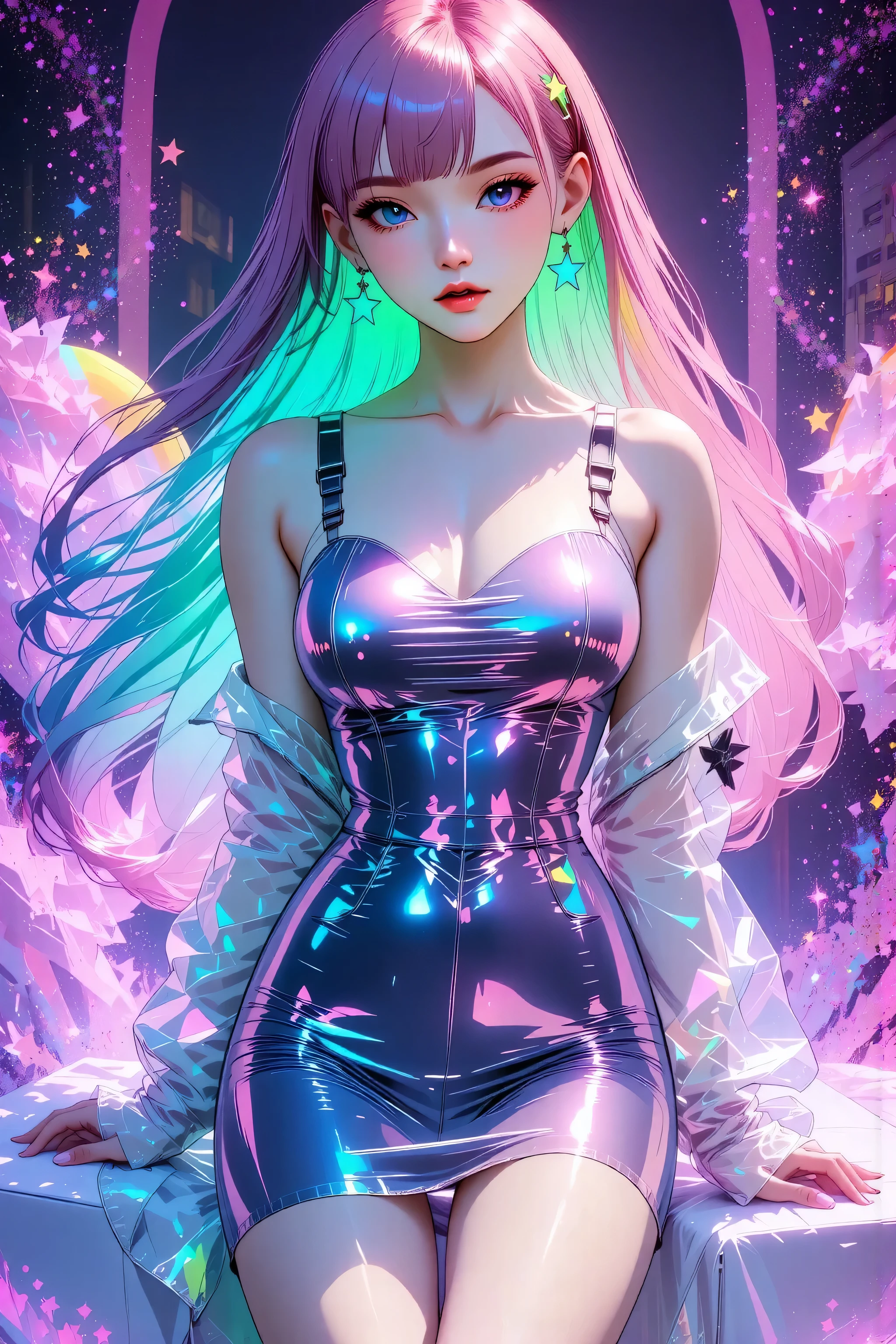 Japanese girl, (anime), manga, sexy, One Full Growth in Latex, sparkles, Pink Green Hair, posing, ((Glitter Dust)), dynamic shadows, masterpiece, bright colors, Shimmers, clear details, beautiful appearance, masterpiece, best quality, perfect anatomy, very aesthetic, official art, 8k, horny, sexual gaze, huge breasts, edgy graphic design, sexy pose, straight on, sitting, legs spread, arms behind back, 
