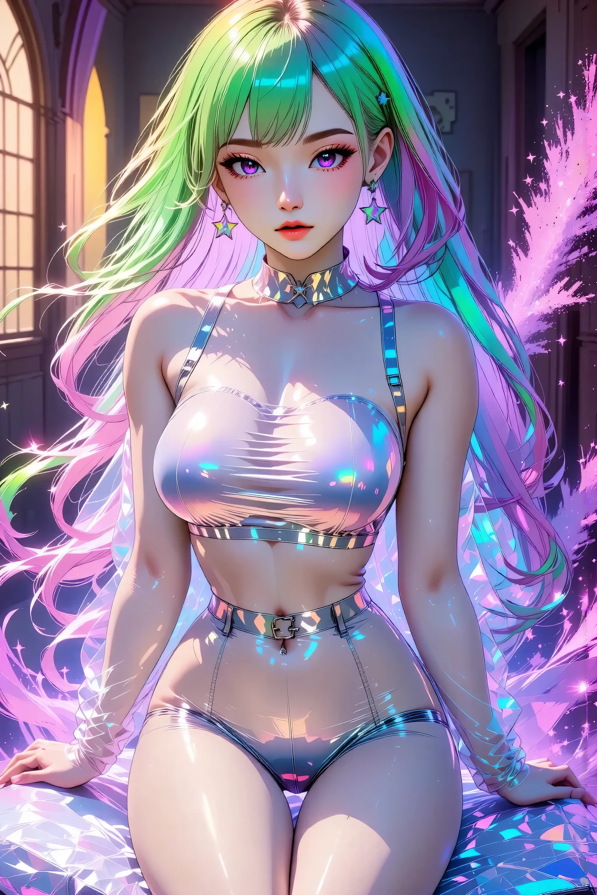 Japanese girl, (anime), manga, sexy, One Full Growth in Latex, sparkles, Pink Green Hair, posing, ((Glitter Dust)), dynamic shadows, masterpiece, bright colors, Shimmers, clear details, beautiful appearance, masterpiece, best quality, perfect anatomy, very aesthetic, official art, 8k, horny, sexual gaze, huge breasts, edgy graphic design, sexy pose, straight on, sitting, legs spread, arms behind back,