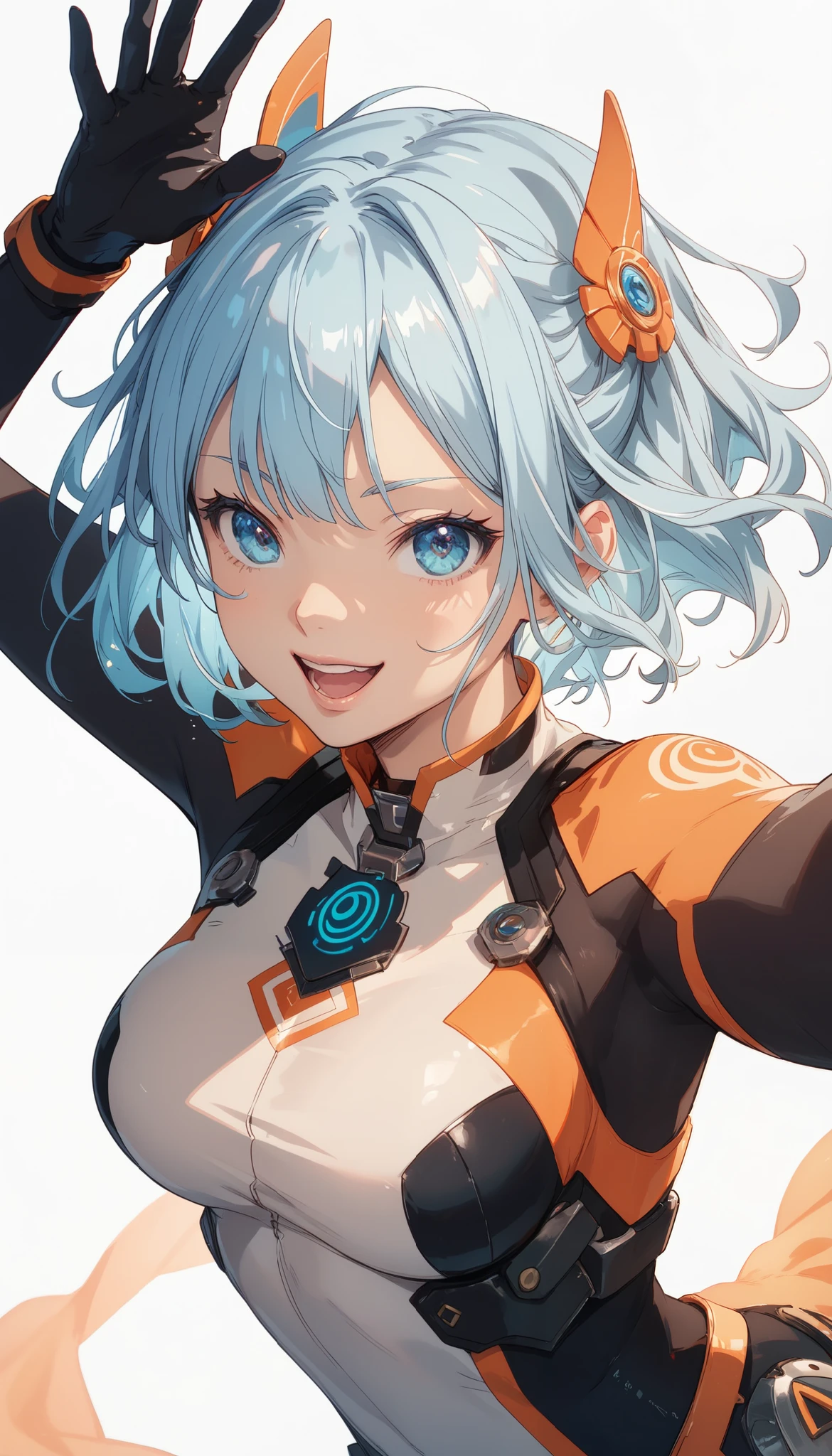 A young woman with light blue, slightly wavy short hair, reaching just above her neck. Her eyes are a warm orange color, adding vibrancy to her appearance. She wears a sleek bodysuit primarily black with bold orange line accents, emphasizing a futuristic and dynamic design. She has a gentle and kind expression. The background is plain and empty. Ultra-detailed, sharp focus, soft lighting, character-centered.((White background))