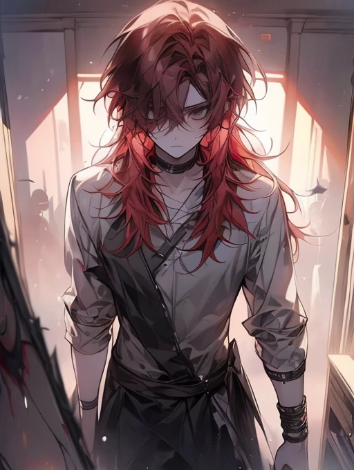 ((8k, masterpiece, high quality)) magazine cover, 1boy, young male, beautiful boy, solo, red hair, very red hair, long length hair, shaggy hair, golden eyes, expressive eyes, sad expression, white skin, gray clothing, standing still, wrist and ankle shackles, gray room, monotone room, front view, highly detailed, digital photography, artistic gem, Greg Rutkowski's Paintings of Golden Butterflies, shattered glass, manga style, manhwa style