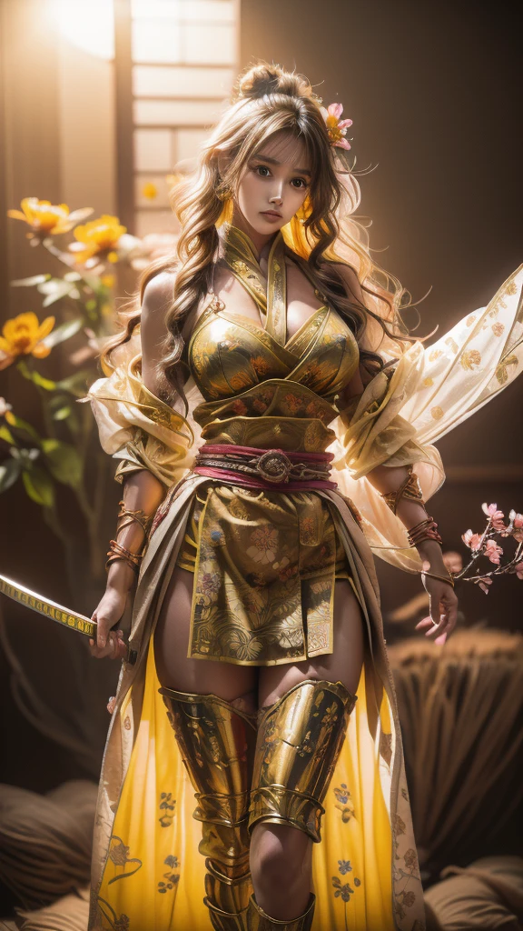  sexy female character wearing bright yellow armor as a warrior from the Sengoku period 、((ringlets hair))、((Honey blonde hair))、((toned body))、(glistening skin)、 Tight Body 、((mega breasts 1.8))、 plump breasts 、 plump thighs 、 Bright yellow armor engraved with a Yamabuki flower pattern is bikini type and is designed to accentuate chest exposure、(  wearing a Yamabuki flower patterned cape )、cocoon silhouette skirt、 bright yellow shin guard with a Yamabuki flower engraved on it 、Bright yellow high-leg underwear 、bright yellowのタイツ、 absolute domain、(reaching out)、(acrobatic angle)、((He wears a sword on his waist))、Dramatic lighting、Rising Sun at Mountain Peak、Big Asahi 、(( Large Yamabuki flowers blooming in full bloom on the front ))、(( Sexy female character wearing yamabuki colored armor as a warrior from the Sengoku period ))、 cinema-like scene 、((Background Japanese kerria)) 、 Max Image、 Ultra High Definition、8k