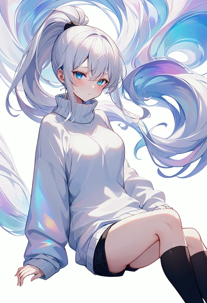 cool beauty, white ponytail, amorous and lewd expression, captivating sharp blue eyes, superlative body proportion, wearing loose sweater, short pants, black knee high socks, background iridescent various effects from different dimensions, effective effects, bold and dynamic, contrasts of light and shadow, 2.5D, ultra detailed, absolutely resolution, masterpiece