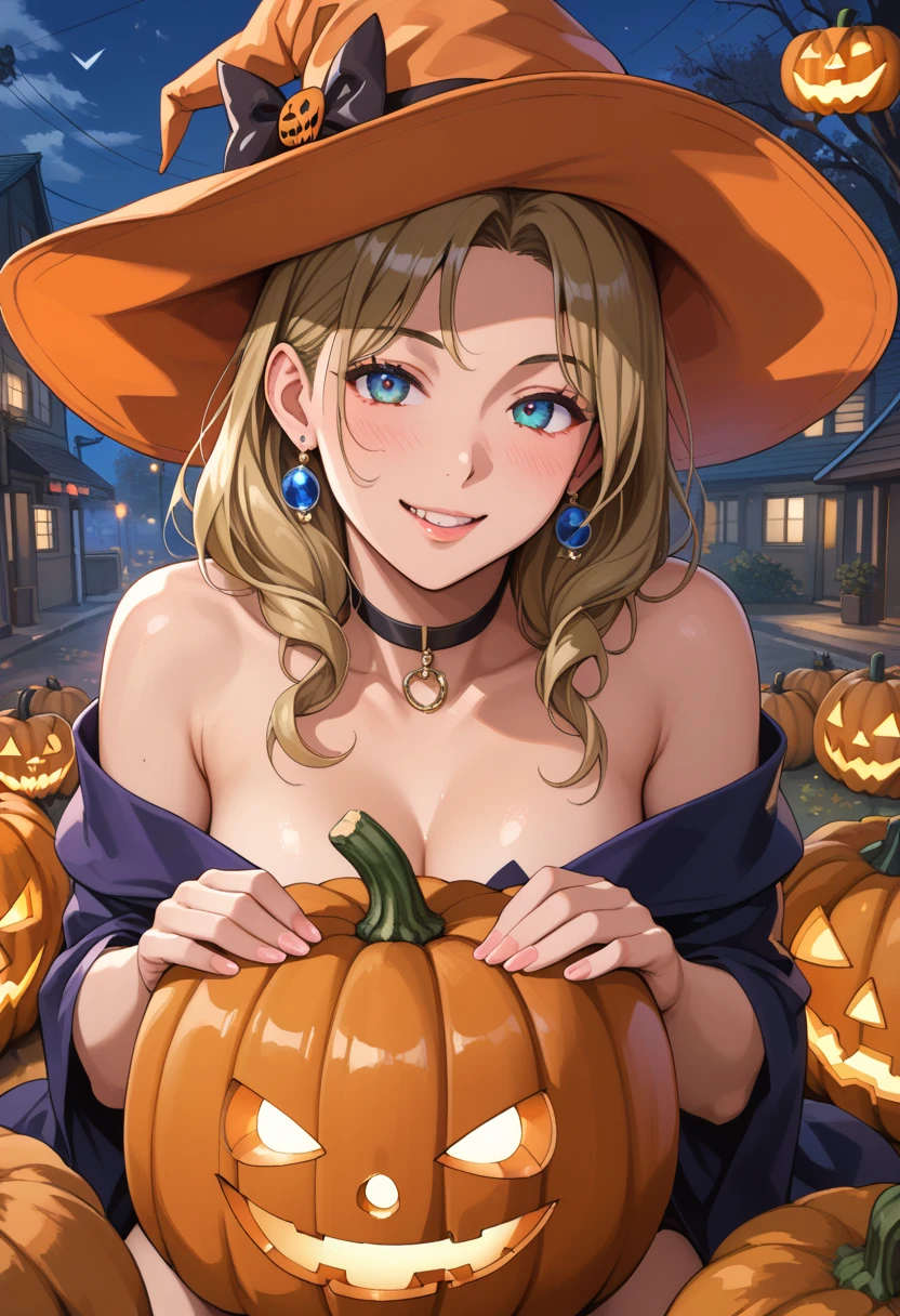 nemona, big breasts, slutty halloween costume, halloween, holding a pumpkin basket, slutty witch outfit,, exposed breasts, exposed nipples, exposed pussy, slutty pose, witch hat, black, seductive smile, (1girl, solo:1.3), breasts out, dark skin,