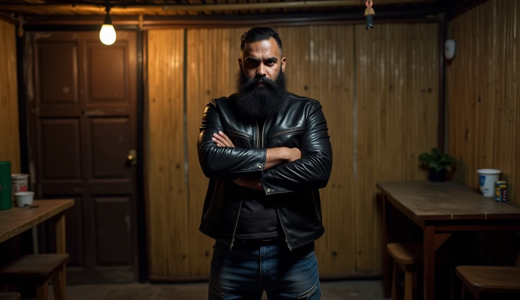 ((ultra-realistic photo)) [A 30-year-old Indonesian man with a thick black beard stands confidently in a dimly lit, modest living room. He wears a black leather jacket and rugged jeans, his arms crossed tightly across his chest. His expression is one of anger and defiance, with a sharp, piercing gaze that conveys dominance and a flirtatious undertone. The room around him reflects poverty, with bamboo-woven walls, simple furniture, and minimal decorations. The lighting is faint, coming from a single dim bulb, casting soft shadows and creating a dramatic atmosphere. The background fades into darkness, emphasizing the nighttime setting and the stark contrast between the man’s bold demeanor and the humble surroundings. The shot is captured in a medium-close angle, rendered in ((8K HDR)), with detailed textures of the bamboo walls, the man's clothing, and the subtle interplay of light and shadow, creating a lifelike and captivating image.]