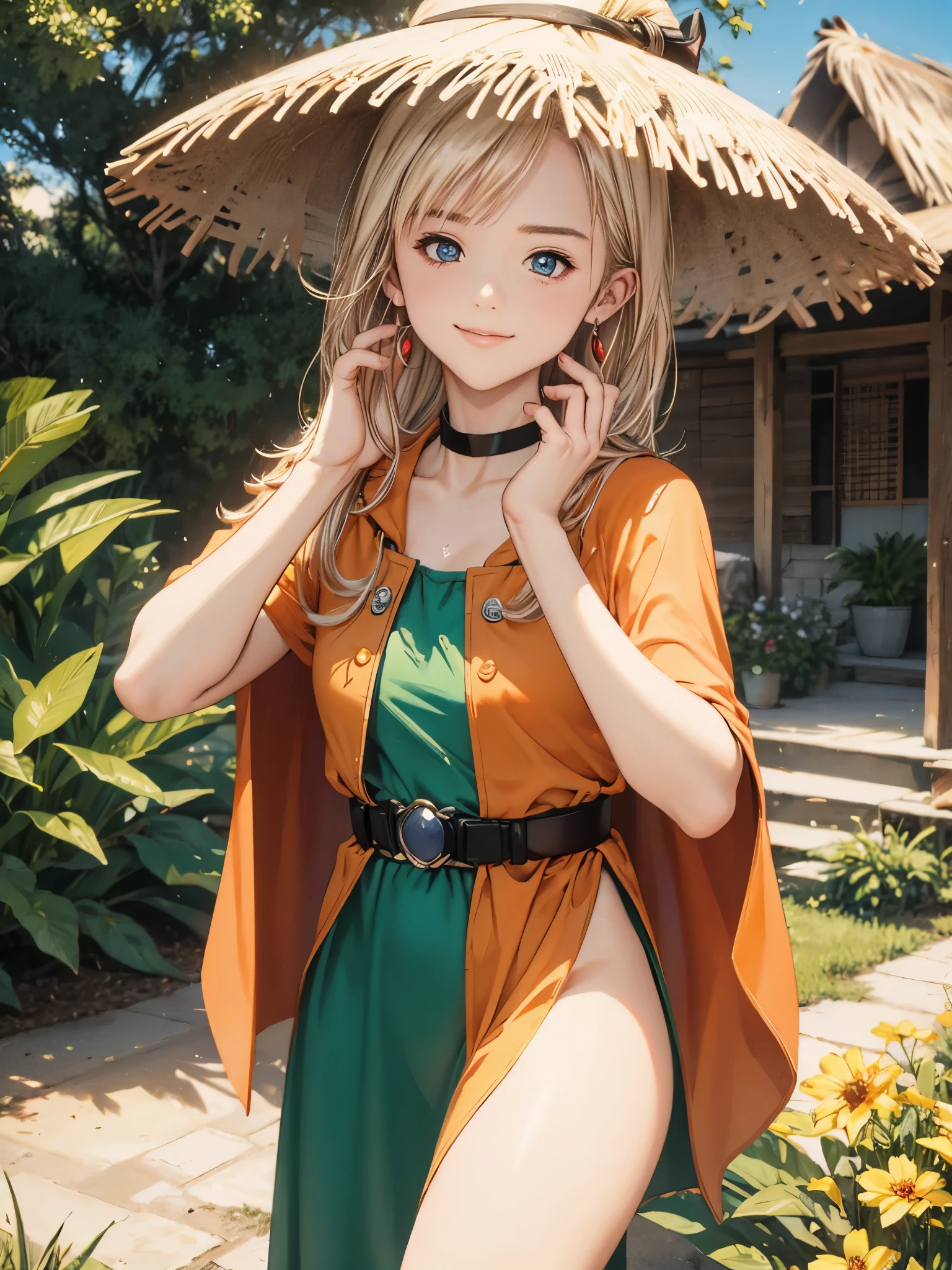 the above, face focus, DQ Bianca, ( single blade , earrings for a woman alone, choker, ORANGE CAPE, Green Dress, belt), ( Hand on face :1.5), (Wiping off sweat:1.5), (sweat), Embarrassed, smile, happy , Depth, Depth of field, Thatched roof house, Wheat field, Masterpiece , High Quality , 最 High Quality , beautiful, high definition , perfect lighting , detailed face , detailed body, Masterpiece , 最 High Quality , complex details, 8k u high definition , perfect face, perfect eyes、I have a walking stick、