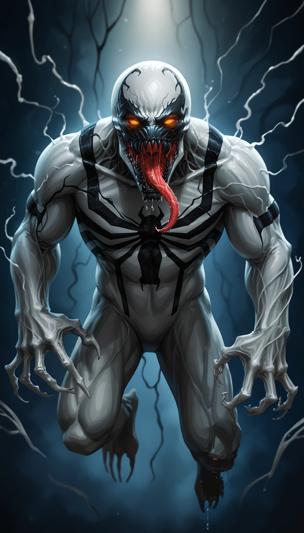 zPDXL3, score_9, score_8_up, score_7_up, (detailed face, detailed body, detailed background, perfect anatomy, masterpiece, high quality, best quality), rating_safe, source_horror, blurry background BREAK full-body, dynamic pose, anti-venom, symbiote, orange eyes, glowing eyes, glowing mouth, sharp teeth, (black teeth), no pupils, monster, monstrous, long tongue, open mouth, scary, saliva string, drooling, drooling tongue, muscular body, menacing stance, glowing veins, claws, dark symbiotic texture, dramatic lighting, eerie atmosphere lora:detailed_notrigger:1 lora:Anti-Venom_Marvel_V1:1 lora:1dkXLP:0.4

