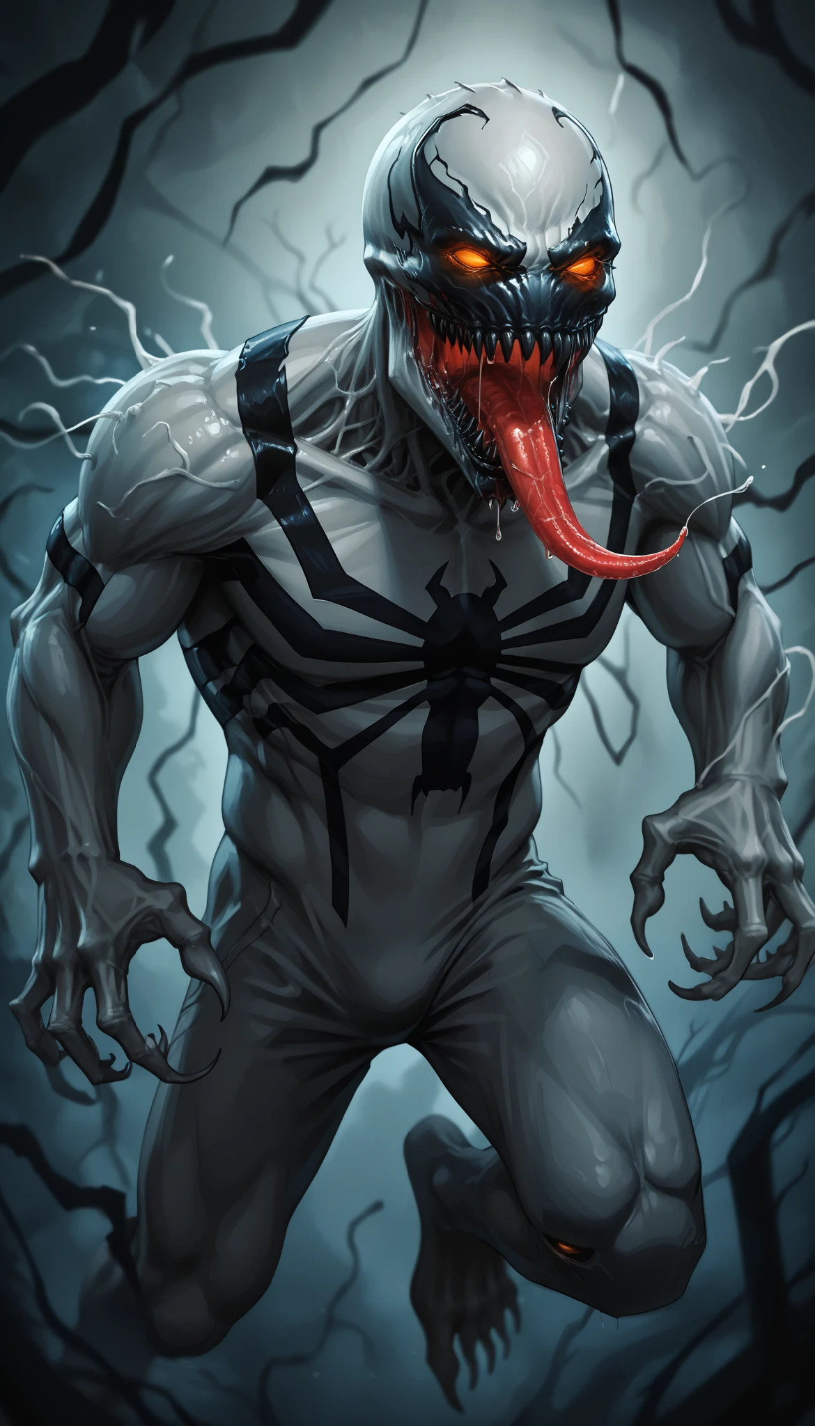 zPDXL3, score_9, score_8_up, score_7_up, (detailed face, detailed body, detailed background, perfect anatomy, masterpiece, high quality, best quality), rating_safe, source_horror, blurry background BREAK full-body, dynamic pose, anti-venom, symbiote, orange eyes, glowing eyes, glowing mouth, sharp teeth, (black teeth), no pupils, monster, monstrous, long tongue, open mouth, scary, saliva string, drooling, drooling tongue, muscular body, menacing stance, glowing veins, claws, dark symbiotic texture, dramatic lighting, eerie atmosphere lora:detailed_notrigger:1 lora:Anti-Venom_Marvel_V1:1 lora:1dkXLP:0.4

