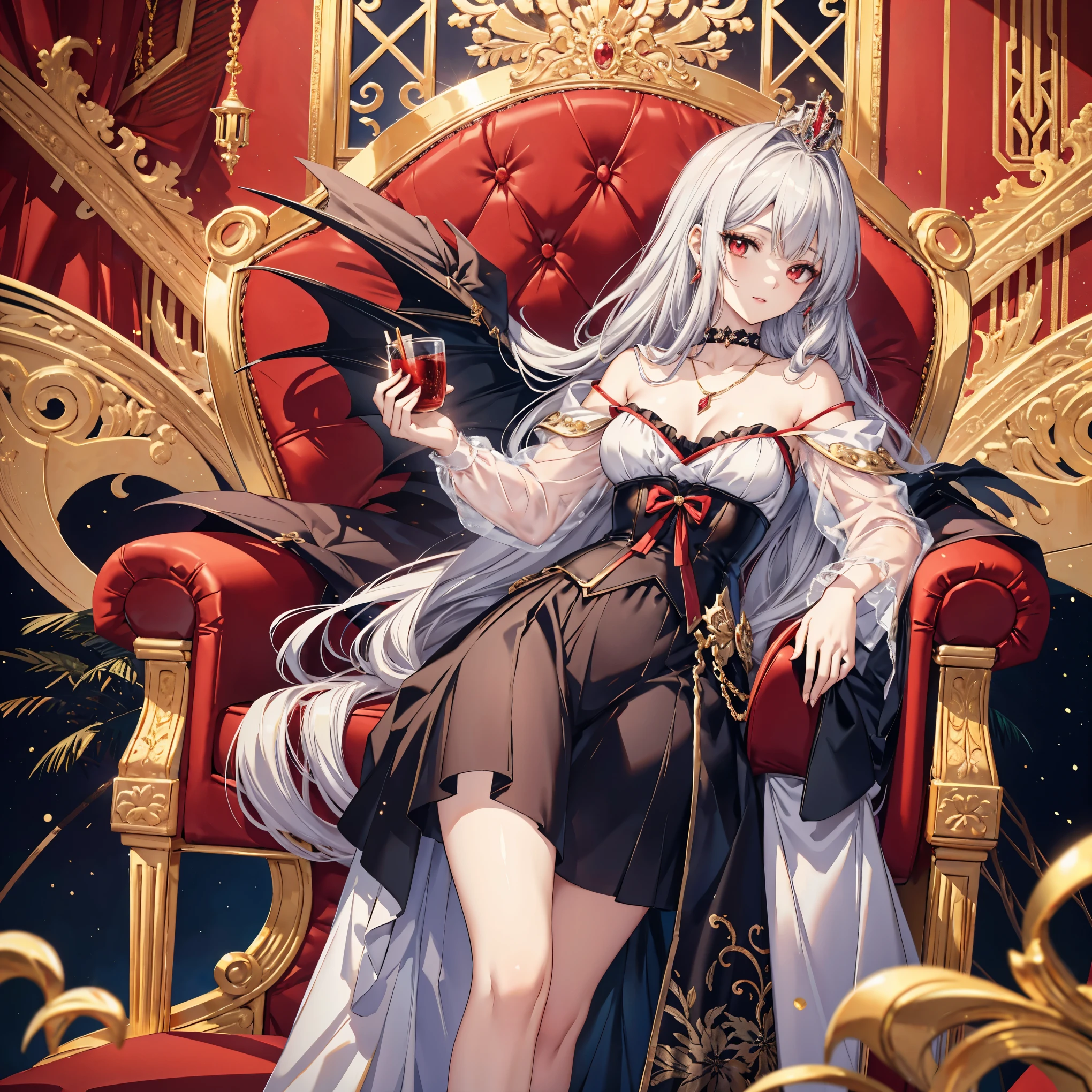 anime-style illustration of a beautiful 23-year-old vampire empress, 160cm tall. Medium flowing silver hair, Sharp red eyes, (eyes highlight), glamorous figure. Wearing an elegant scarlet off-shoulder short dress with dark corset, choker necklace. Big Gold tiara. Graceful standing pose, gentle smile. Soft lighting, empress of black dragons, smuggly sitting on a throne, dragon next to hers, Detailed anime art style, full figure visible.