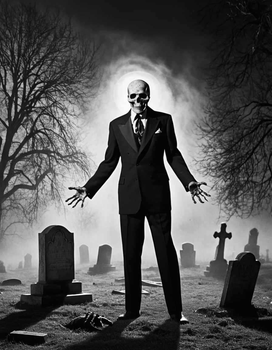 A foggy graveyard at night, with cracked tombstones scattered unevenly across the ground. In the foreground, a decayed zombie in a torn suit rises from an open grave, its skeletal hands reaching out towards the viewer. Behind it, a tall, shadowy alien figure in a retro-futuristic silver jumpsuit holds a glowing circular control panel, emitting faint green light. Hovering above the graveyard, a metallic flying saucer with pulsating lights casts beams of cold, white light onto the graves, illuminating swirling mist. In the background, twisted, leafless trees stretch upward, their branches resembling claws. The entire scene is rendered in a grainy black-and-white film style, with dramatic lighting and high-contrast shadows reminiscent of 1950s sci-fi horror.