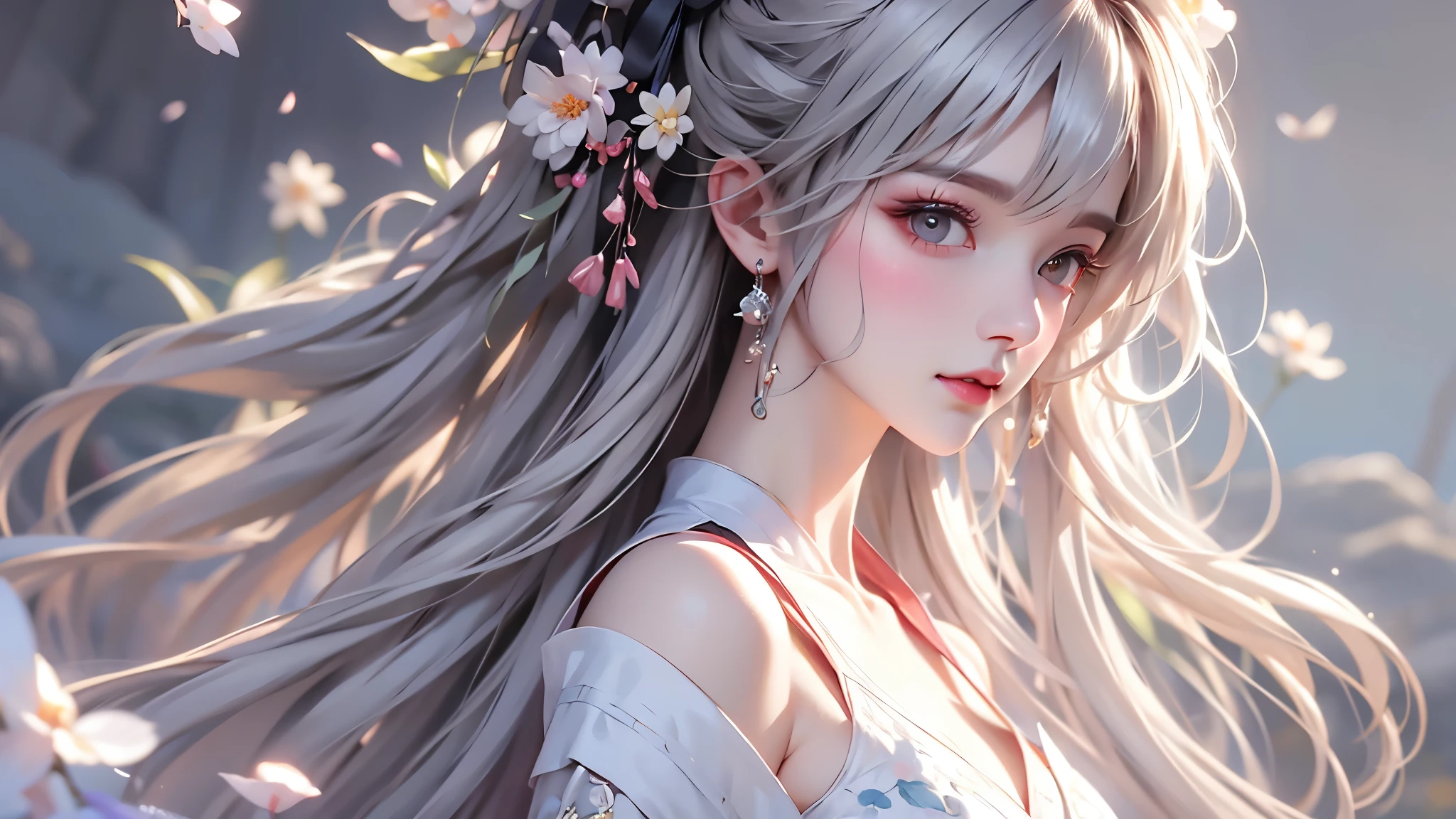 super high quality, masterpiece, Perfect illustration, Very detailed (Exquisite light and shadow, Very dramatic photo,Backlight) , ((Gray Hair:1.5))1 Girl,(( alone:1.6)), (Wearing Han clothes, Black and white Hanfu,Monotony,Long sleeve) Flower Field, Flowers, (White smoke:1.3) (Realistic:1.4), Zen Intertwining, Tangled, Official Art, unity 8k wallpaper, Very detailed, Beautiful and beautiful, masterpiece, Highest quality, (Dynamic Angle: 1.4), Glowing Skin, (Floating colorful flashes: 1) The most beautiful chaotic shapes, elegant, Brutalist Design, Bright colors, Romantic Depth of Field Exotic_dance, half_naked、（Expose your shoulders、Ample breasts、Beautiful cleavage）
