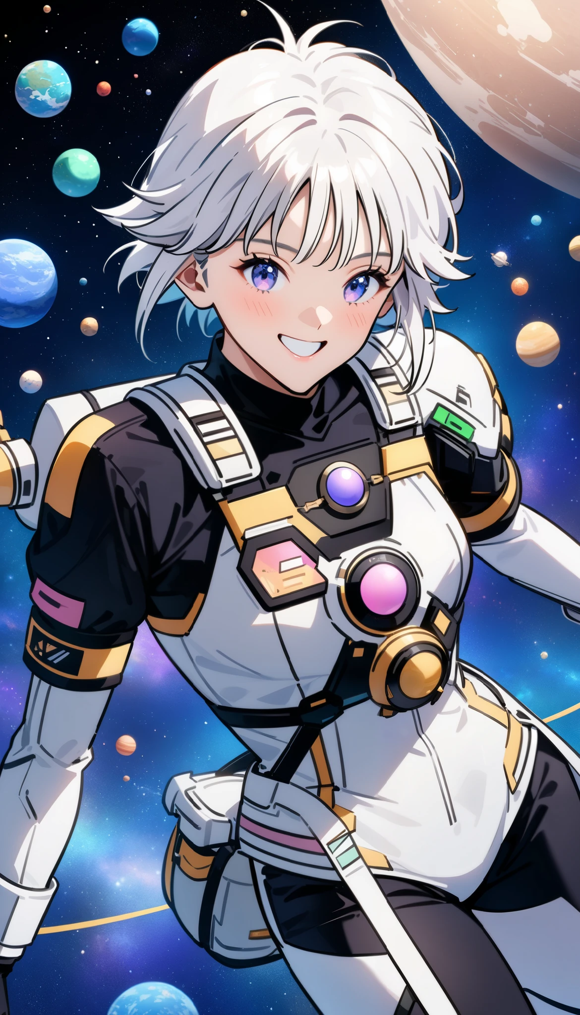 ( top quality、  high definition 、  Details)､(輝く瞳、  Details美しい顔)､Beautiful short hair anime girl, ,(universe飛行士), (universe服ヘルメット:1.3)、Extravehicular Activity Unit、universe服を着た more beautiful than Kira, universe, White-haired God, Exquisite Details.universe飛行, Anime 4k  、 Dynamic Angle 、 more beautiful than Kira、universe旅行、smile