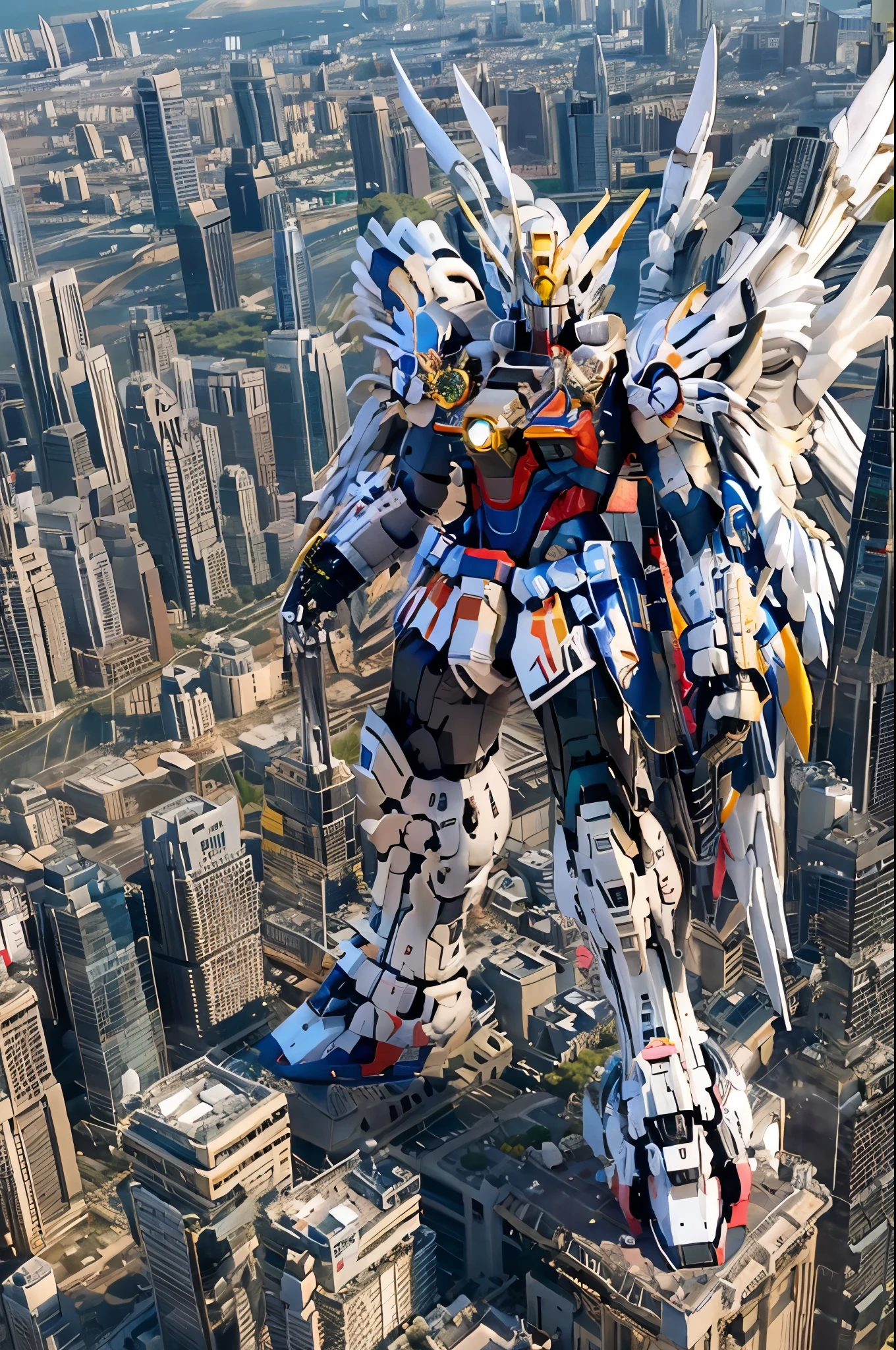 (( Masterpiece  ,  top quality,  Max Image,  high definition ,  photorealistic,  RAW photos , 8k)), (( Highly Detailed CG Unified 8K Wallpaper )),  Wing Gundam Zero,  they spread their wings and soar above an abandoned city,Sword、