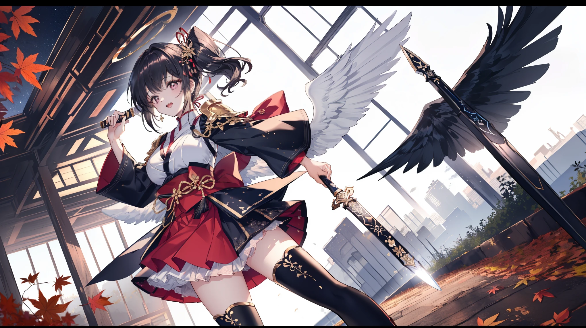 High Quality , masterpiece, Delicate hair, delicate eyes, Delicate hair, ((masterpiece, 最 High Quality )), (( black hair)) , High Quality , masterpiece, Delicate hair, delicate eyes, (( one girl doing a prank, Seductive Laughter, Autumn background, Combat pose, Attractive Appearance , plump breasts , Black Side Ponytail , Pink Eyes , white skin、 Japanese Knife , Master Swordsman, Black halo )),(( black wings , Black Armor Dress , Gold border, Red accents, thigh-length boots , 指なし手袋 6つの大きな black wings が大きく広がっている, Falling Feathers)), Traces of Black Fire in the Background of Urban Ruins , Detail of the red moon in the night sky, dramatic lighting , dynamic pose with bumblebees , 4K, realistic , (((masterpiece))), (((最 High Quality を最高に)))),((((masterpiece, 最 High Quality , super high resolution ))))