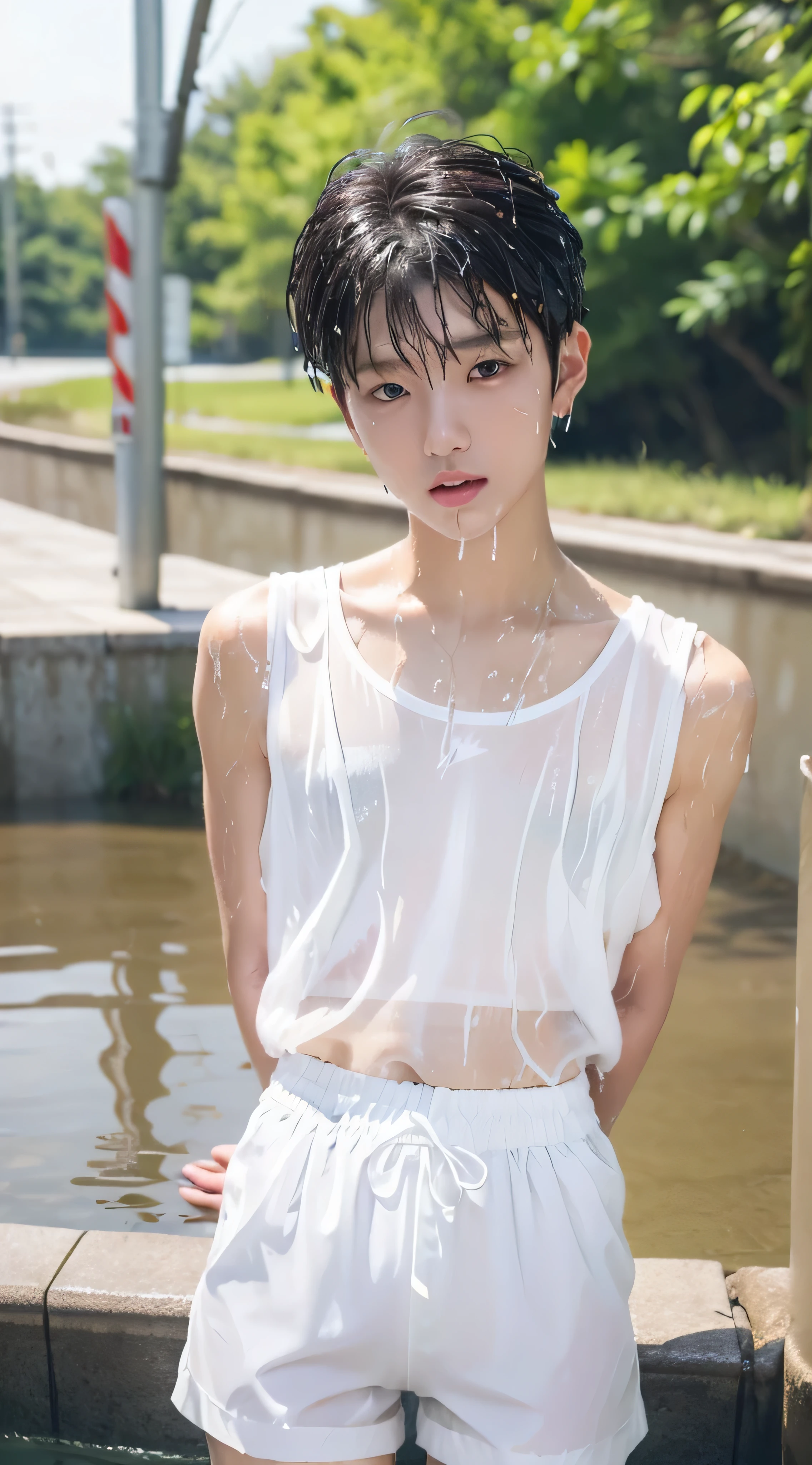 (Highest quality, masterpiece, 8K, photographic, Fine, Realstic:1.4), 1 pretty young boy, (wet clothes:1.4), (wet and transparent white nylon shorts:1.3), (wet and transparent white tank top:1.2), belt, soak, short hair boy, short stature, squirt, (arms behind back), very handsome, white clothes that wet and see-through, Footage from the knee up, fall in drainage ditch
