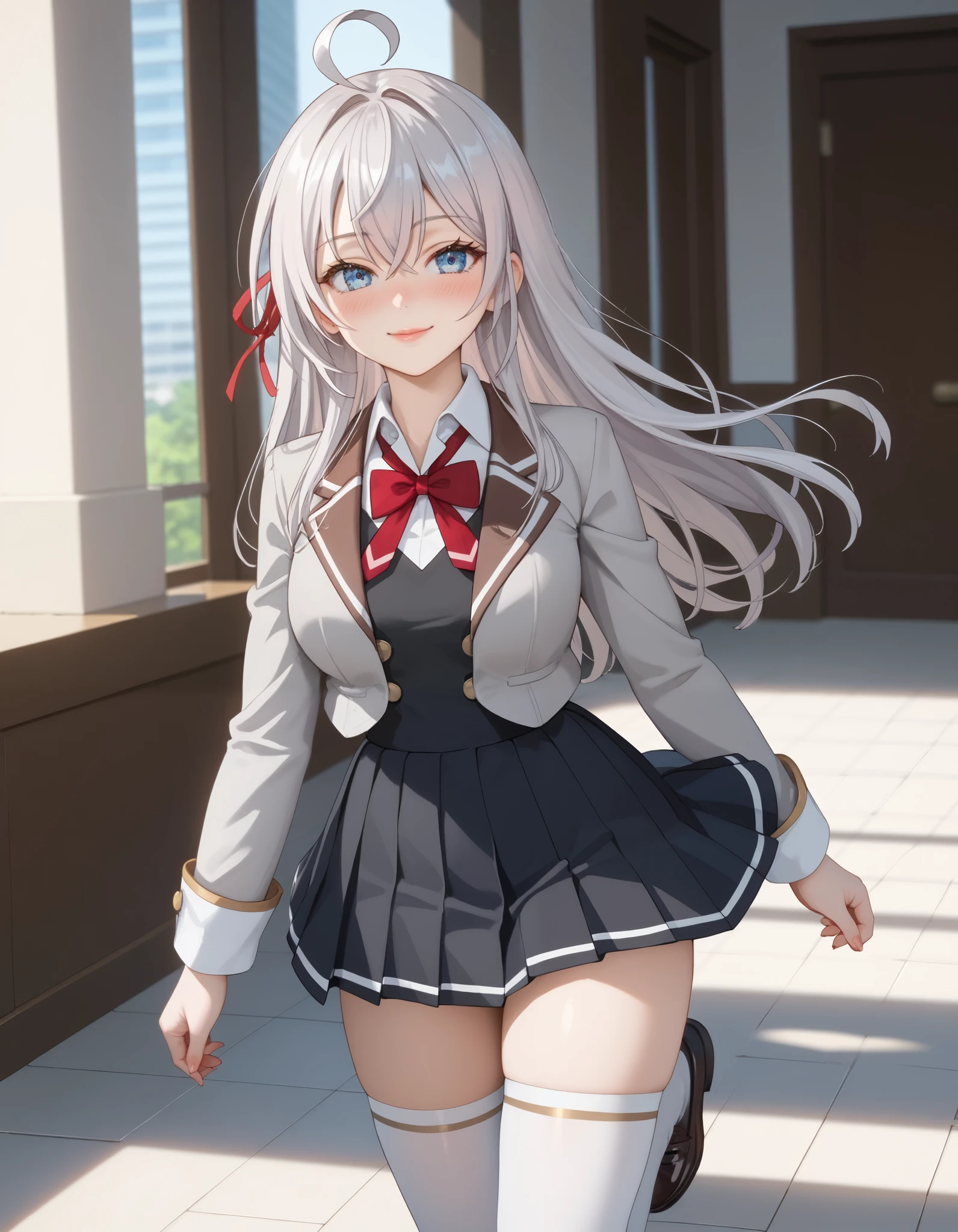 photorealistic, detailed coloring, anime style, detailed high quality, chromatic aberrations, ultra detailed quality skin, detailed ray tracing lighting,, masterpiece、 best quality、masterpiece, high definition , 8K quality, perfect face, alya_fanart,  Alisa Mikhailovna Kujou , long hair, silver hair, ahoge, crossed bangs, red hair ribbon, sidelocks, blue eyes, large breasts, large butt、 slender 、 beautiful face、 Thin Waist、 confident smile, (nose blush), Glossy lips, red cheek, school uniform, grey jacket, open jacket, long sleeves, red bowtie, white shirt, collared shirt, buttons, black vest, pleated skirt, white thighhighs, black loafers, Model Pose, cowboy shot, sensual expression, dynamic angle, In the school courtyard、