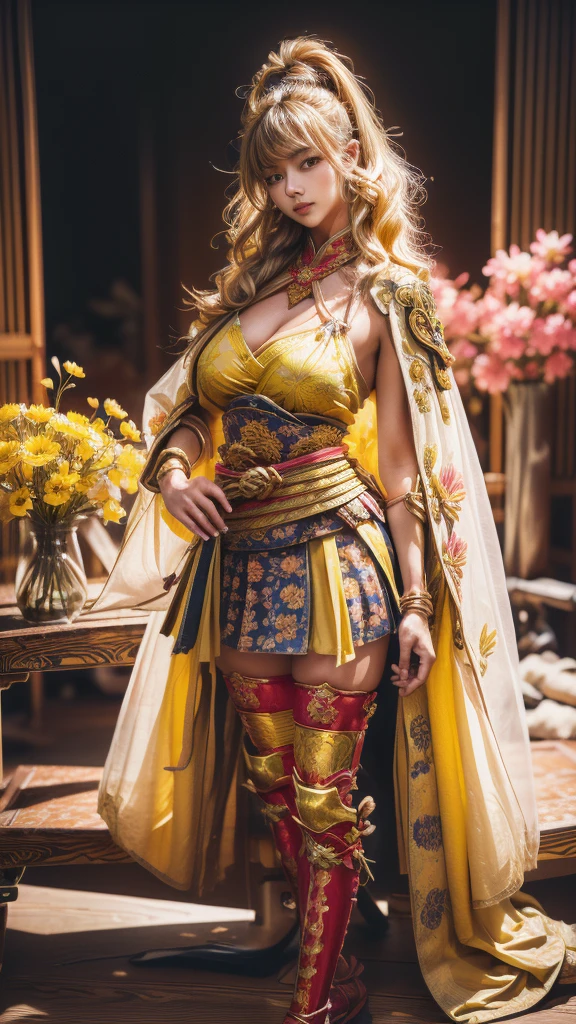  sexy female character wearing bright yellow armor as a warrior from the Sengoku period 、((ringlets hair))、((Honey blonde hair))、((toned body))、(glistening skin)、 Tight Body 、((mega breasts 1.8))、 plump breasts 、 plump thighs 、 Bright yellow armor engraved with a Yamabuki flower pattern is bikini type and is designed to accentuate chest exposure、(  wearing a Yamabuki flower patterned cape )、cocoon silhouette skirt、 bright yellow shin guard with a Yamabuki flower engraved on it 、Bright yellow high-leg underwear 、bright yellowのタイツ、 absolute domain、(crawling position on their hands and knees)、((He wears a sword on his waist))、Dramatic lighting、Rising Sun at Mountain Peak、Big Asahi 、(( Large Yamabuki flowers blooming in full bloom on the front ))、(( Sexy female character wearing yamabuki colored armor as a warrior from the Sengoku period ))、 cinema-like scene 、((Background Japanese kerria)) 、((foreground　Japanese kerria))、 Max Image、 Ultra High Definition、8k