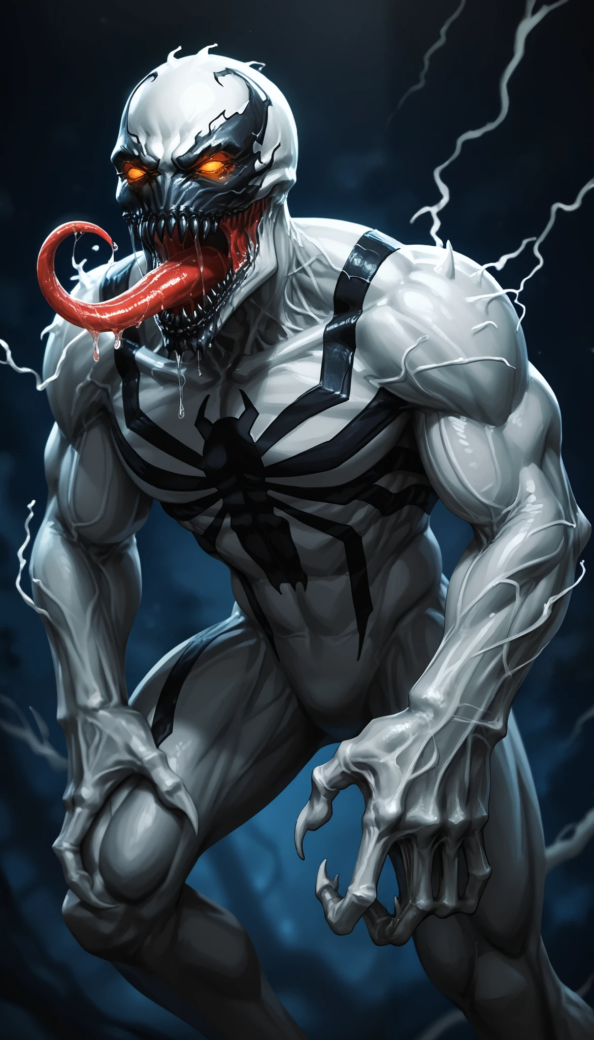 zPDXL3, score_9, score_8_up, score_7_up, (detailed face, detailed body, detailed background, perfect anatomy, masterpiece, high quality, best quality), rating_safe, source_horror, blurry background BREAK full-body, dynamic pose, anti-venom, symbiote, orange eyes, glowing eyes, glowing mouth, sharp teeth, (black teeth), no pupils, monster, monstrous, long tongue, open mouth, scary, saliva string, drooling, drooling tongue, muscular body, menacing stance, glowing veins, claws, dark symbiotic texture, dramatic lighting, eerie atmosphere lora:detailed_notrigger:1 lora:Anti-Venom_Marvel_V1:1 lora:1dkXLP:0.4

