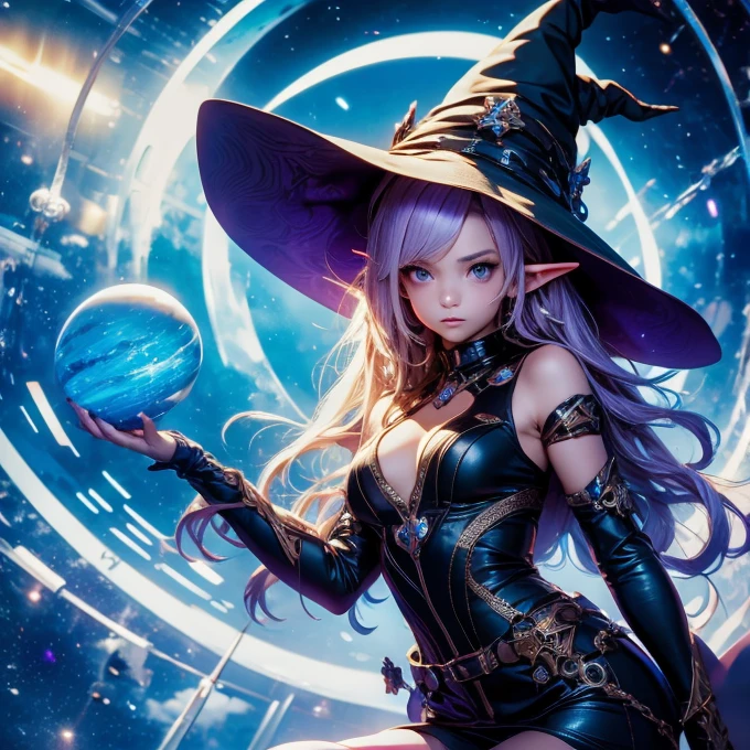 Detailed textures, high quality, high resolution, high accuracy, realism, color correction, correct lighting settings, harmonious composition. the cover of the art book harlequin dreamer with witch costume and futuristic background, 1girl, breasts, witch hat, hat, smile, parted lips, jewelry, earrings, solo, cleavage, gem, holding, looking at viewer, long sleeves, purple hair, blue gemstone, witch,artoria caster (third ascension),Circle Magical Circle Mantra,magic,@muireann_nolan,white hell
