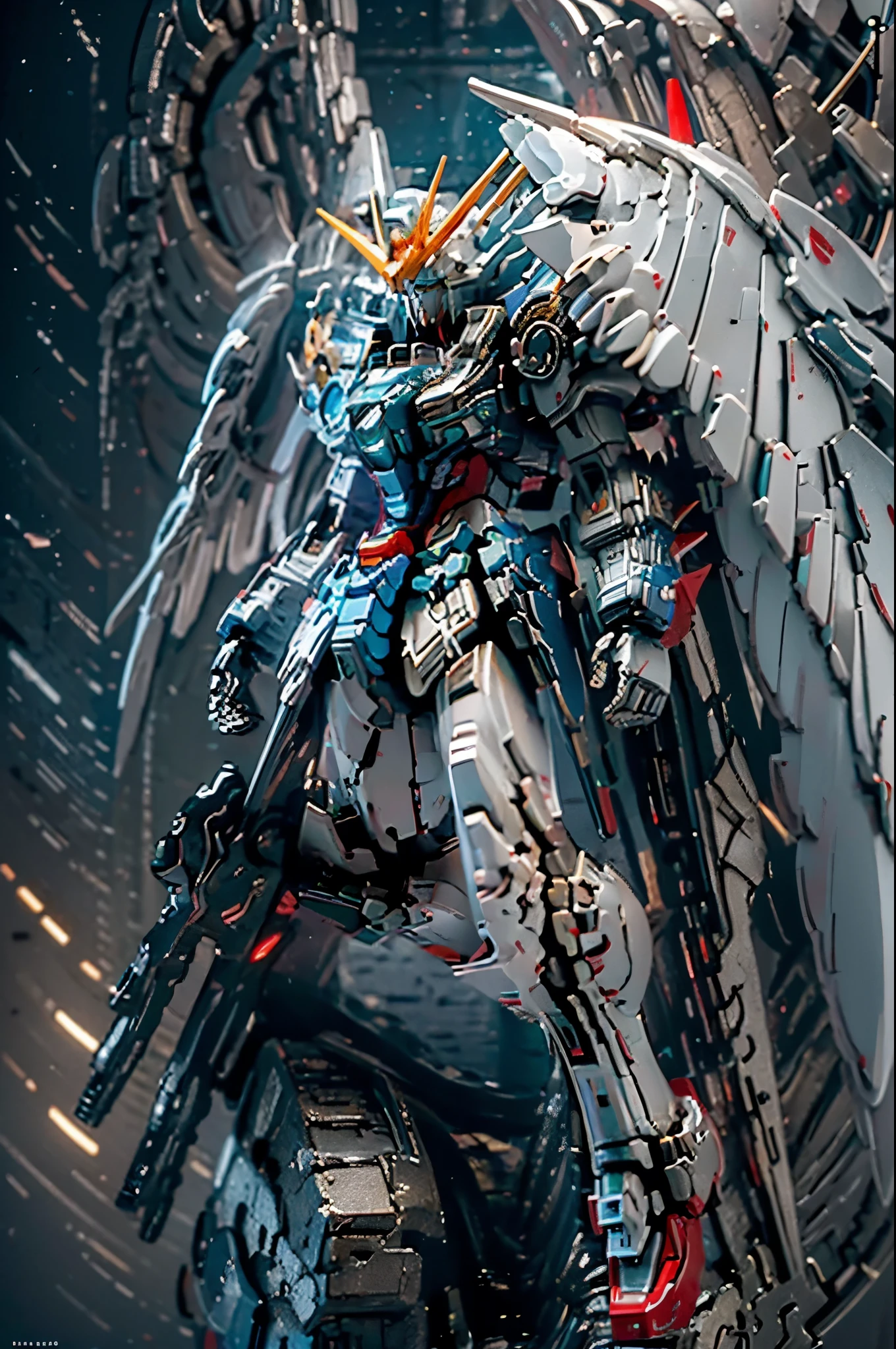 (( Masterpiece  ,  top quality,  Max Image,  high definition ,  photorealistic,  RAW photos , 8k)), (( extremely detailed CG integrated 8k wallpaper )),  Wing Gundam Zero,  they spread their wings and soar above an abandoned city,