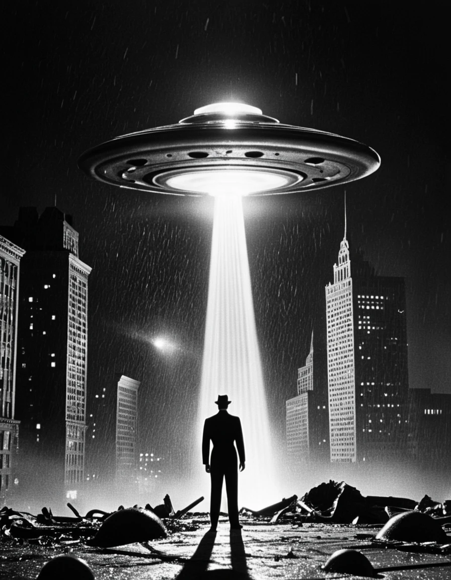 A retro-futuristic 1950s city under a dark, starless sky, with towering skyscrapers illuminated by beams of light from hovering flying saucers. In the foreground, a UFO with a smooth, metallic surface emits a destructive laser beam, slicing through a tall building, causing debris to rain down onto fleeing citizens. Panicked humans run through the streets, their shadows distorted by the chaotic lighting. A shadowy alien figure, standing on a crumbled rooftop, holds a glowing control device with blinking lights, orchestrating the destruction. The flying saucers are sleek, with rotating edges and pulsating neon lights. The scene is rendered in a grainy black-and-white style, with high-contrast shadows and dramatic lighting evoking the low-budget charm of 1950s sci-fi movies.