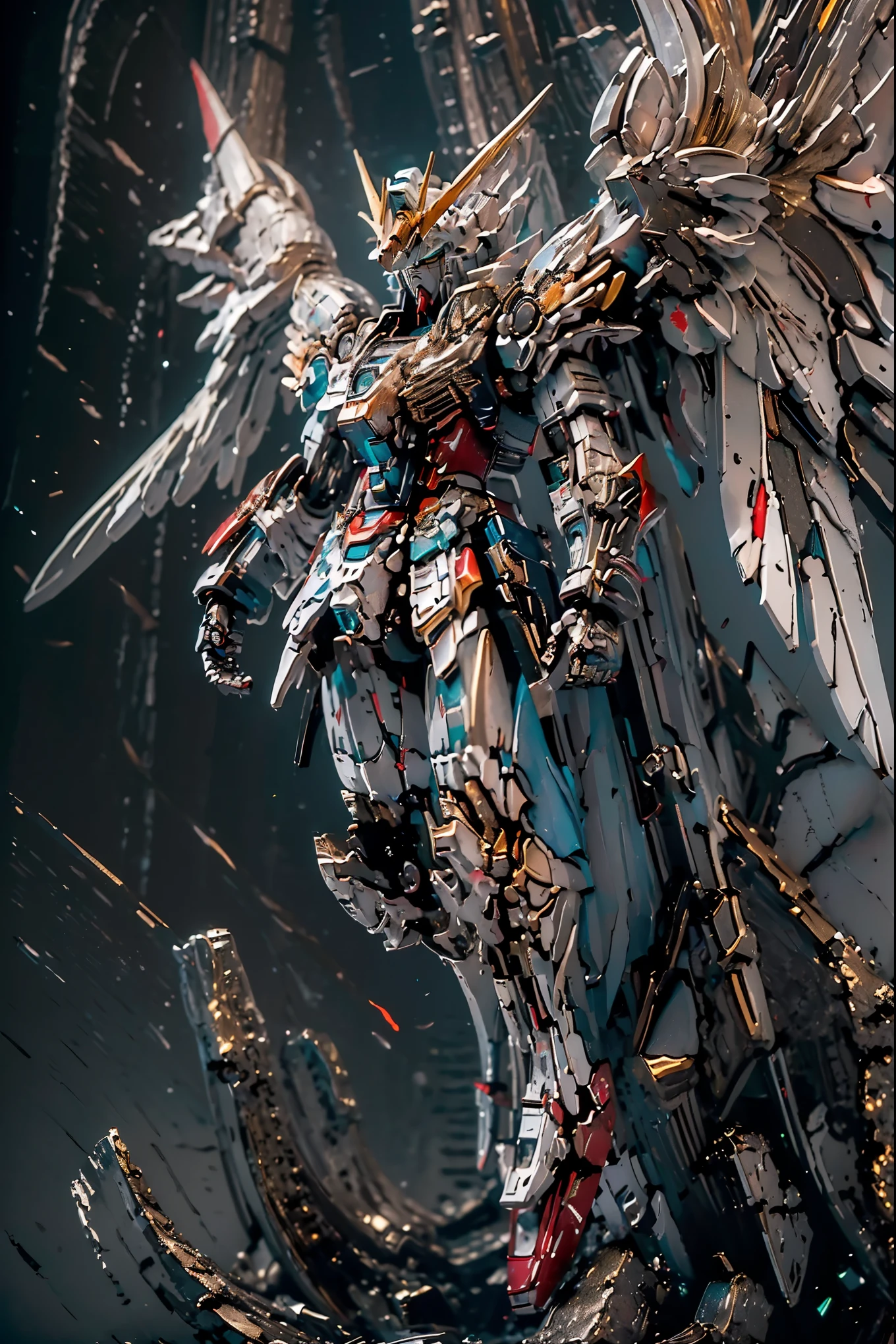 (( Masterpiece  ,  top quality,  Max Image,  high definition ,  photorealistic with excess fat visible,  RAW photos , 8k)), (( Highly Detailed CG Unified 8K Wallpaper )),  Wing Gundam Zero,  they spread their wings and soar above an abandoned city,Master Gundam 、black