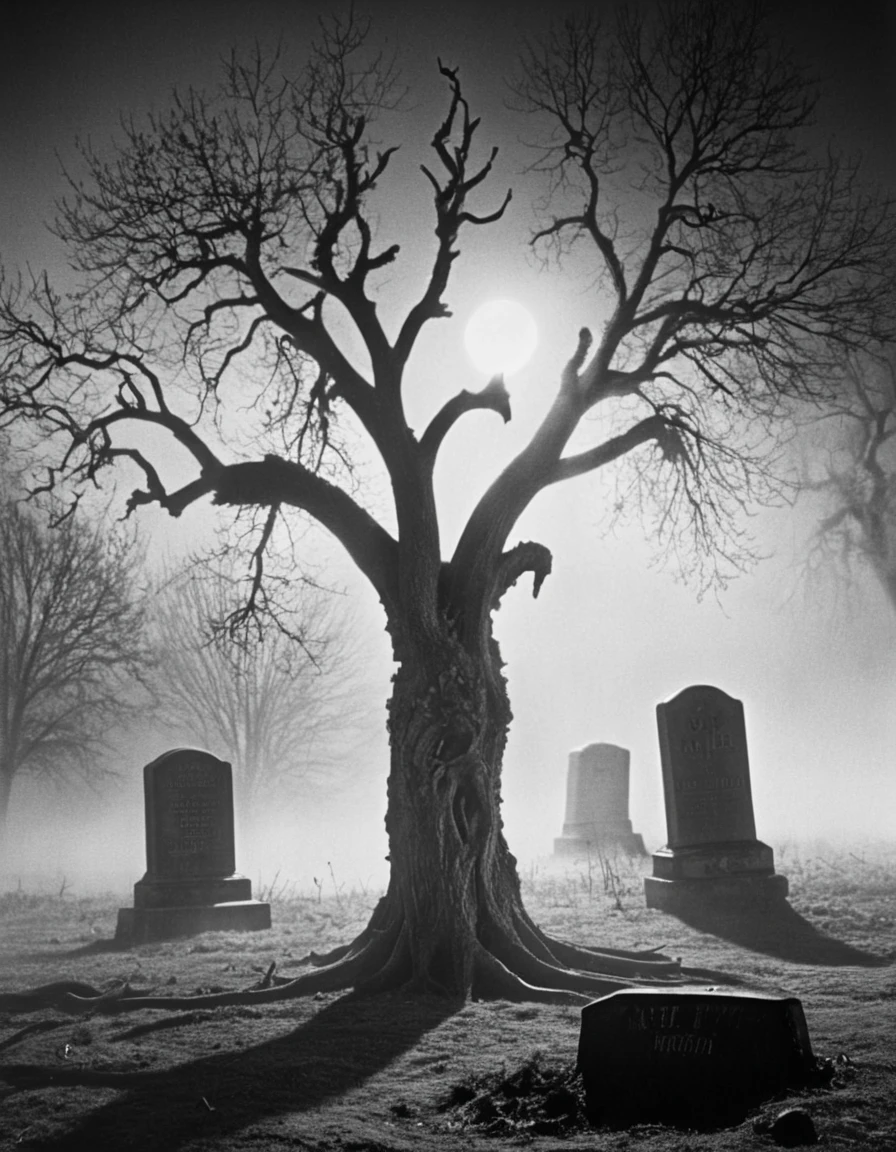 A desolate graveyard illuminated by the cold, metallic light of hovering flying saucers in the night sky. In the foreground, a large cracked tombstone leans to the side, with skeletal hands emerging from the earth below. A zombie in a tattered, muddy dress stands stiffly, gazing upwards at the glowing UFOs. The flying saucers are large and circular, with rotating rings of light and glowing undersides that cast sharp beams onto the foggy ground. Twisted, gnarled trees frame the background, their branches swaying in an invisible wind. The entire scene is captured in a 1950s black-and-white film style, with dramatic shadows, fog effects, and grainy textures, evoking the eerie charm of classic B-movie horror.