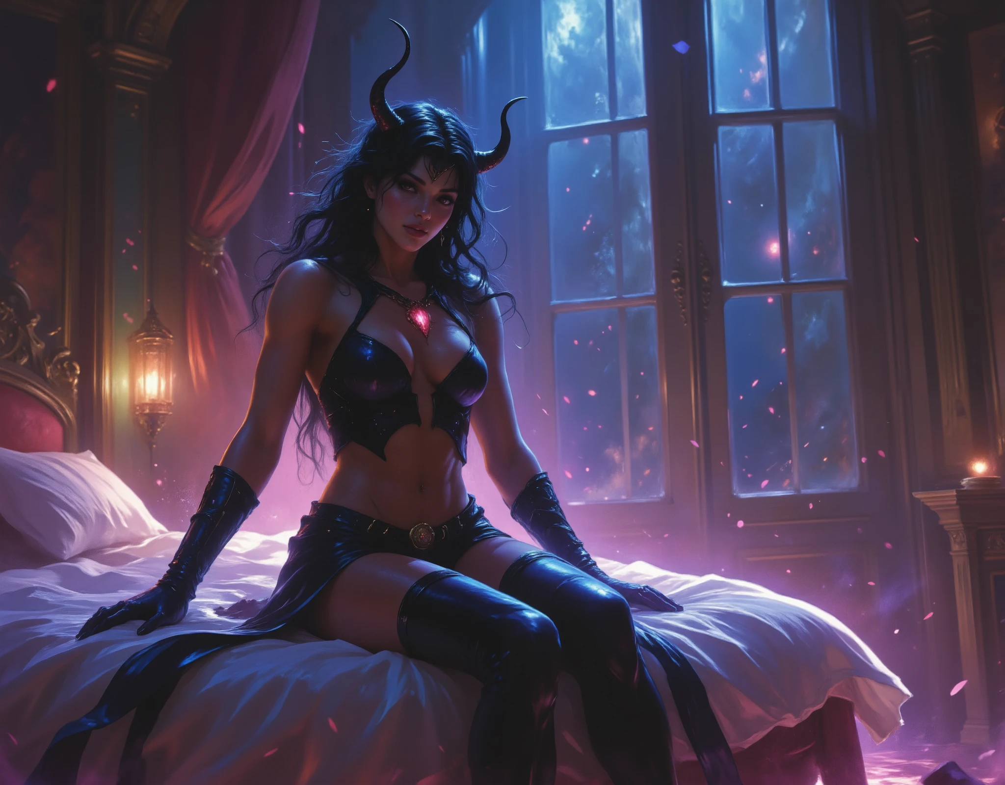 fantasy art,beautiful succubus,seductive invitation,bedside,detailed female anatomy,intricate demonic features,glowing ethereal energy,dramatic lighting,rich saturated colors,oil painting,photorealistic,8k,highly detailed,masterpiece,cinematic,dramatic pose,seductive expression,luxurious fabrics,sensual,alluring,mesmerizing,atmospheric,moody,dreamlike,ethereal,dramatic