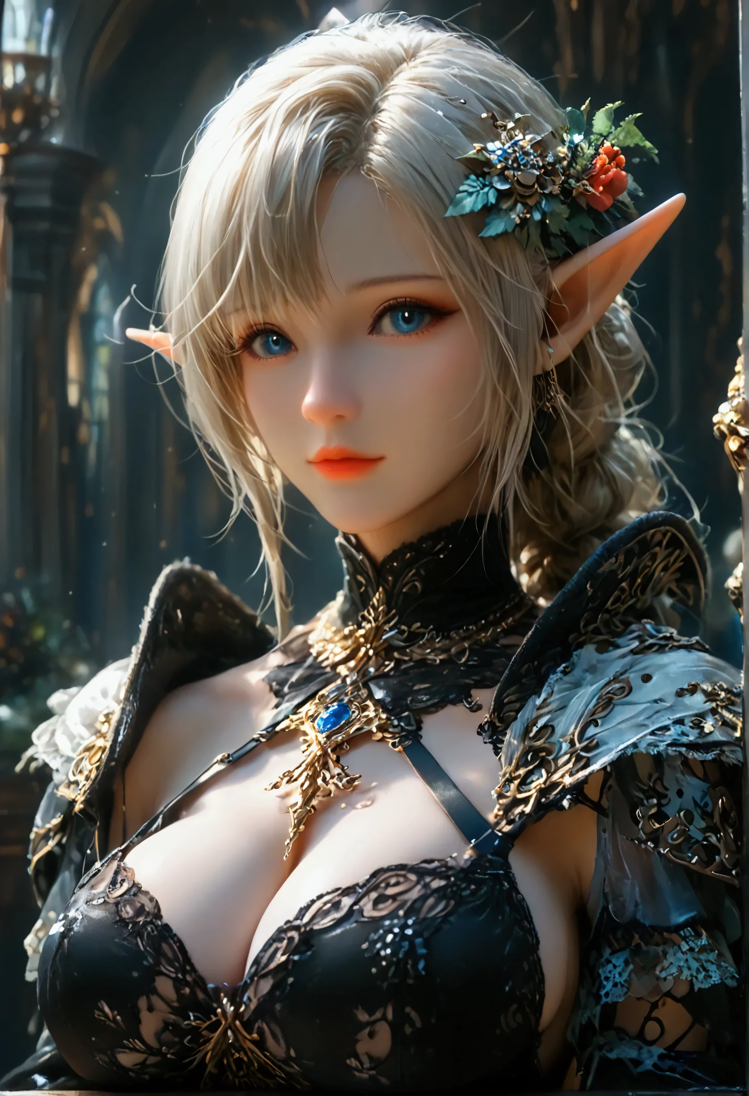 (8k, top quality, Masterpiece , Final Fantasy Style: 1.2),Atmospheric perspective, 8K, Very detailed, Accurate, Highest quality, masterpiece, Very detailed,Sharp focus, High resolution, accurate hand expression, fullbody shot of a female dragon knight elf, carrying a long spear with elaborate and intricate decorations., (fullbody:1.5),, (nudity:1.7), Complex, Narrow Face, elegant, Wearing a sapphire necklace, black lightweight dress with straps, ((large breasts:1.2), (huge breasts:1.2), (Uplifted and well-defined bust:1.2), (lifted chest:1.2), (perky breasts :1.2),(deep cleavage:1.4),(nudity, exposing beasts:1.5)) and a huge waist, (sexy long legs, whole body picture:1.5), ((nudity, exposing beasts:1.5)), To the camera, Very detailed, Digital Painting, Art Station, Concept Art, Smooth, Sharp focus, figure, ArtJam, Greg Rutkowski, Art by Alphonse Mucha, 8K, Volumetric Fog, bloom, light, lumen, Crank blur