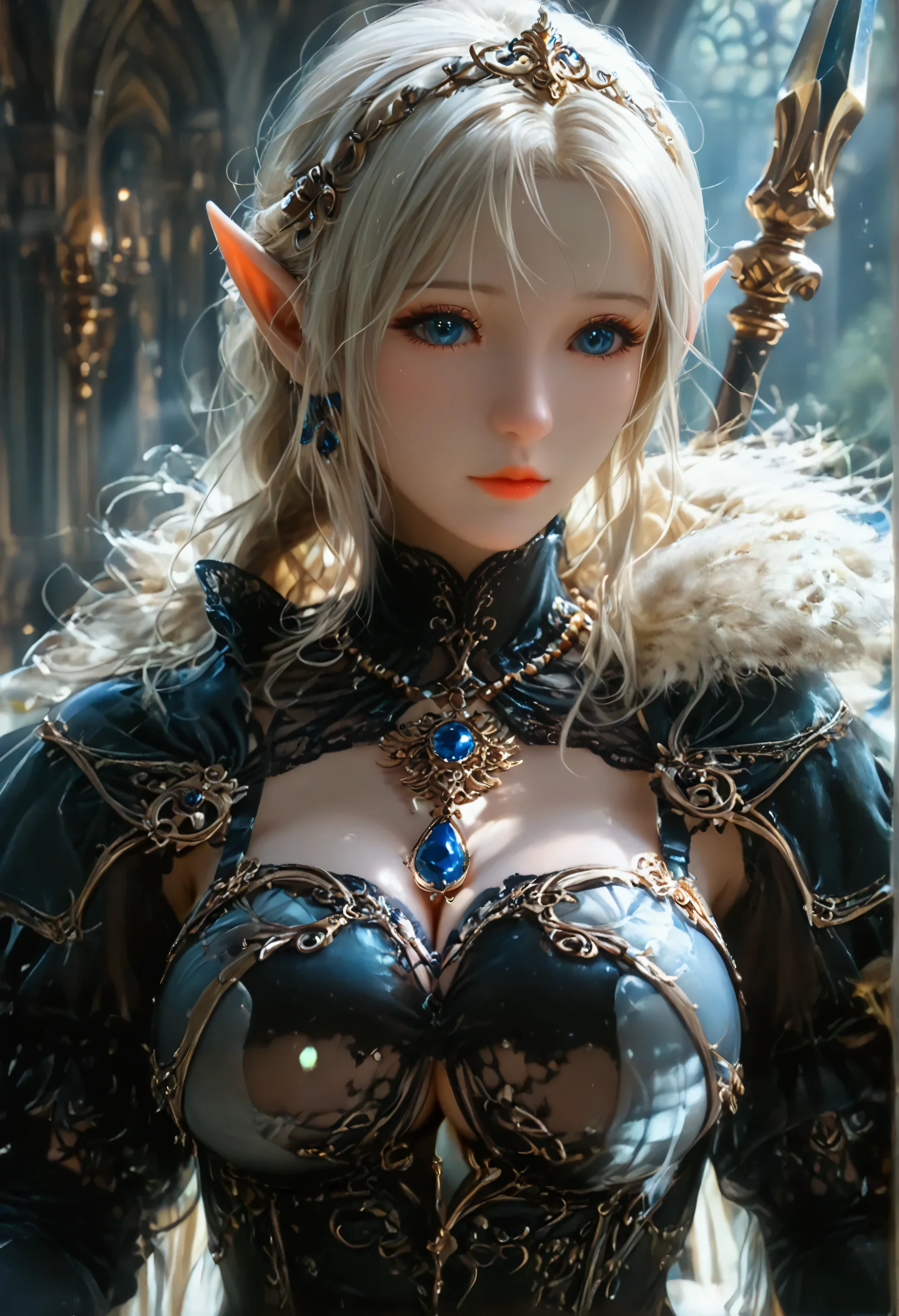 (8k, top quality, Masterpiece , Final Fantasy Style: 1.2),Atmospheric perspective, 8K, Very detailed, Accurate, Highest quality, masterpiece, Very detailed,Sharp focus, High resolution, accurate hand expression, fullbody shot of a female dragon knight elf, carrying a long spear with elaborate and intricate decorations., (fullbody:1.5),, (nudity:1.7), Complex, Narrow Face, elegant, Wearing a sapphire necklace, black lightweight dress with straps, ((large breasts:1.2), (huge breasts:1.2), (Uplifted and well-defined bust:1.2), (lifted chest:1.2), (perky breasts :1.2),(deep cleavage:1.4),(nudity, exposing beasts:1.5)) and a huge waist, (sexy long legs, whole body picture:1.5), ((nudity, exposing beasts:1.5)), To the camera, Very detailed, Digital Painting, Art Station, Concept Art, Smooth, Sharp focus, figure, ArtJam, Greg Rutkowski, Art by Alphonse Mucha, 8K, Volumetric Fog, bloom, light, lumen, Crank blur