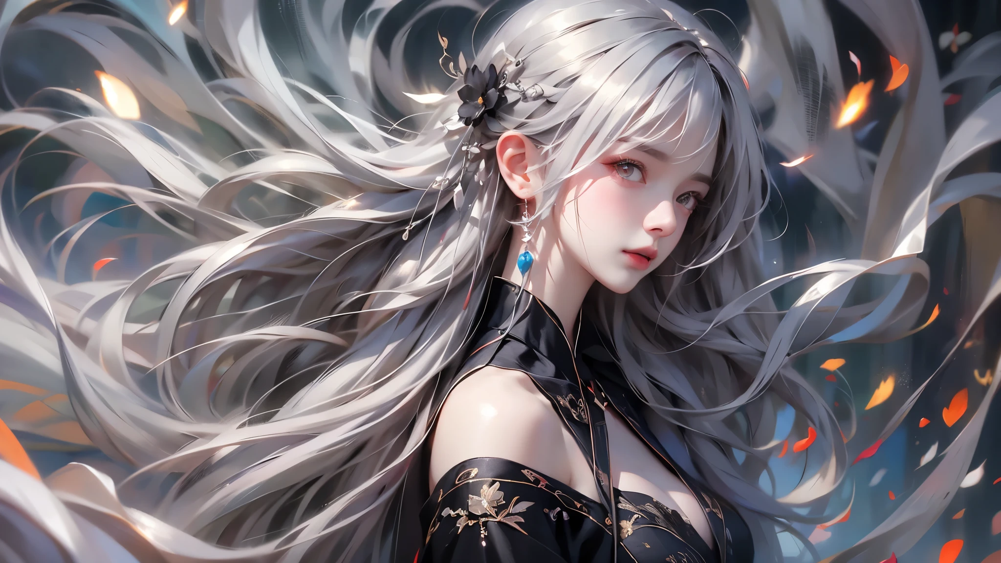 super high quality, masterpiece, Perfect illustration, Very detailed (Exquisite light and shadow, Very dramatic photo,Backlight) , ((Gray Hair:1.5))1 Girl,(( alone:1.6)), (Wearing Han clothes, Black and white Hanfu,Monotony,Long sleeve) Flower Field, Flowers, (White smoke:1.3) (Realistic:1.4), Zen Intertwining, Tangled, Official Art, unity 8k wallpaper, Very detailed, Beautiful and beautiful, masterpiece, Highest quality, (Dynamic Angle: 1.4), Glowing Skin, (Floating colorful flashes: 1) The most beautiful chaotic shapes, elegant, Brutalist Design, Bright colors, Romantic Depth of Field Exotic_dance, half_naked、（Expose your shoulders、Ample breasts、Beautiful cleavage）
