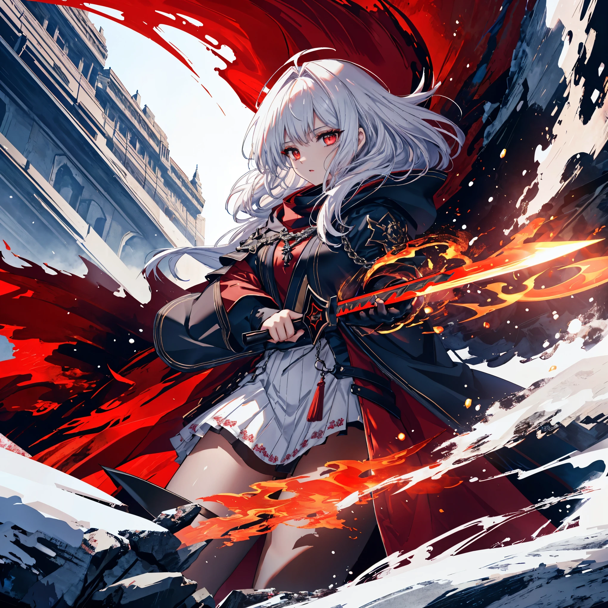 A female warrior wearing a long, ragged red hooded cloak, holding a large, ornate, wear wolf, red demonic-looking sword. She stands in a dark, snowy, mountainous landscape, with crags and icy winds swirling around her. her eyes glow with a supernatural intensity. Intricate details on her armor and sword, with touches of darkness and ominous energy radiating from her. Dramatic, cinematic lighting and composition, with a sense of foreboding and power. key terms: fantasy, dark fantasy, gothic, dramatic, cinematic, detailed, intense, powerful, ominous, supernatural, female warrior, red hooded cloak, demonic sword, snowy mountain landscape, anime style