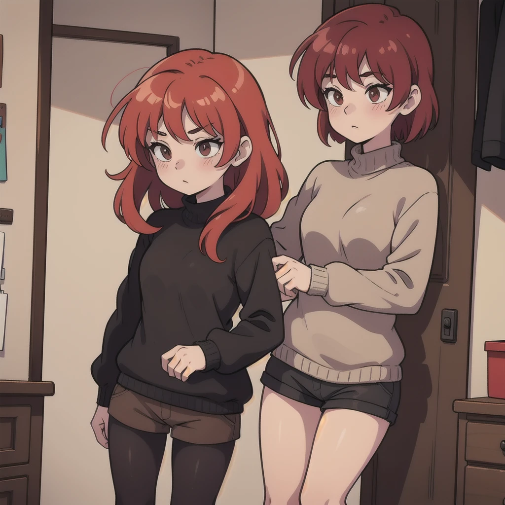  A girl with red hair is worth asking, in front of the closet , thin black sweater ,  brown shorts , black tights, 