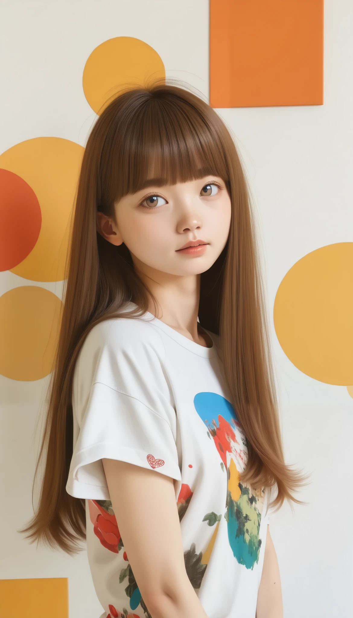 Geometric background :1.3、  dark color、  cute girl、Brown Hair、(((Straight perm、bangs、 straight hair:1.37、 straight long hair )))、 very long hair 、  Look Away 、Printed shirt、Picasso painting t-shirt 、  loose clothing  、Retro、 top quality、 super detailed、 High-quality details 、green