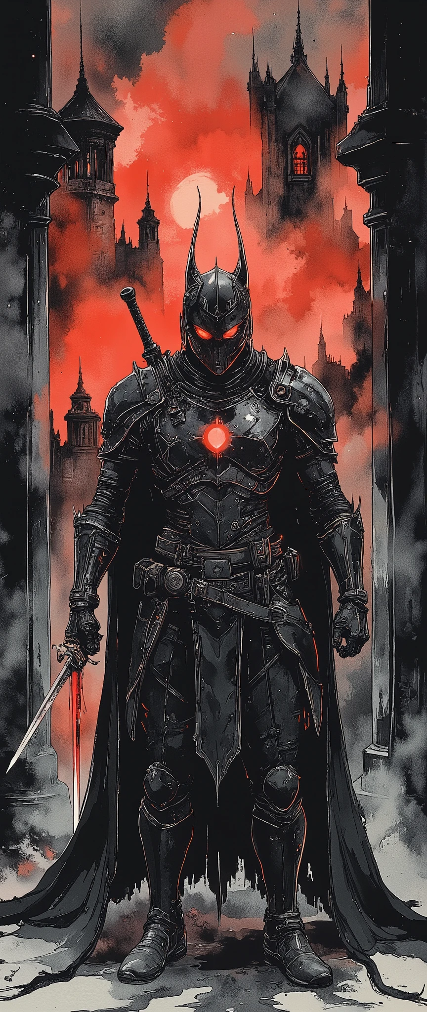 (masterpiece:1.2,Exceptional Quality,Mirror-like, Cinematic Experience , best illustration ,Super detailed),8k,,wallpaper( Dark Soul Style ),(Watercolor),(The Dark Knight),Dark Sword ,, Dark Shield ,Dark Armor,(Red glowing eyes:2.0),(1 person),( The background is a beautiful gradation of black, gray, and red),(Dark castle background:2.0)