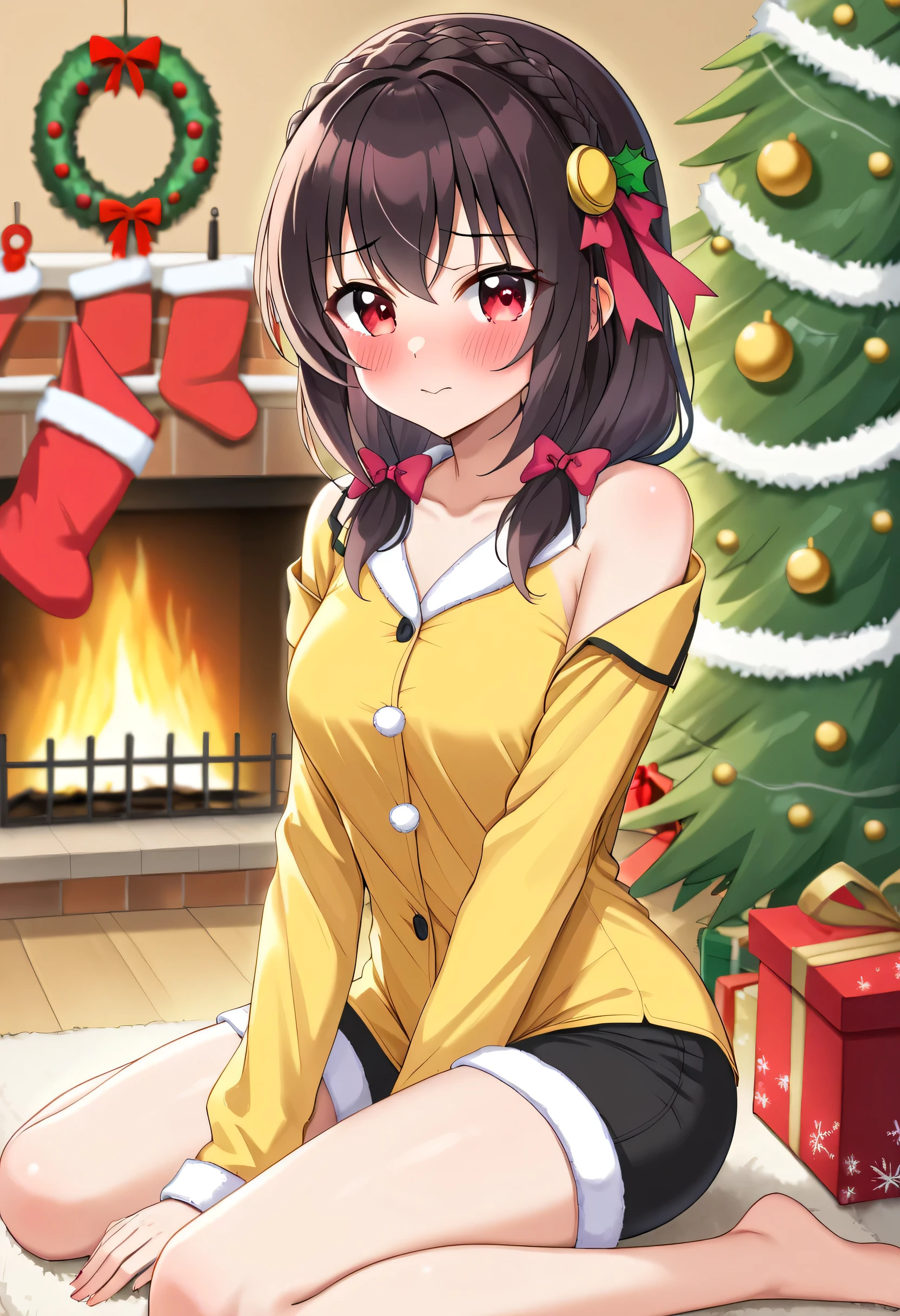 yunyun、masterpiece, top quality, high definition ,(One person), Yunyun、 crown braid the same color as my hair, black hair、 red eyes、 hair accessories , ( yellow pajamas with my shoulders out )、Pajamas with black shorts 、 big-breasted 、(blush)、( Christmas tree :1.2)、(Puff up your cheeks and slack them in a cute and relentless manner)、View the viewer、fireplace