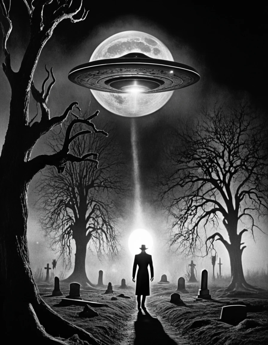 A surreal night scene with a barren graveyard under a massive, glowing full moon. In the center of the composition, a flying saucer with a smooth metallic surface hovers low to the ground, its underside glowing with rotating neon lights. Beams of light from the UFO shine down on open graves, where skeletal zombies in decayed clothing crawl out of the dirt. To the left, a tall alien figure with glowing eyes and elongated fingers gestures towards the flying saucer, holding a futuristic control panel with blinking lights. Twisted, gnarled trees frame the edges of the scene, their branches casting distorted shadows onto the foggy ground. The scene is rendered in a grainy black-and-white film style with high-contrast shadows, blending retro sci-fi elements with unsettling gothic horror.